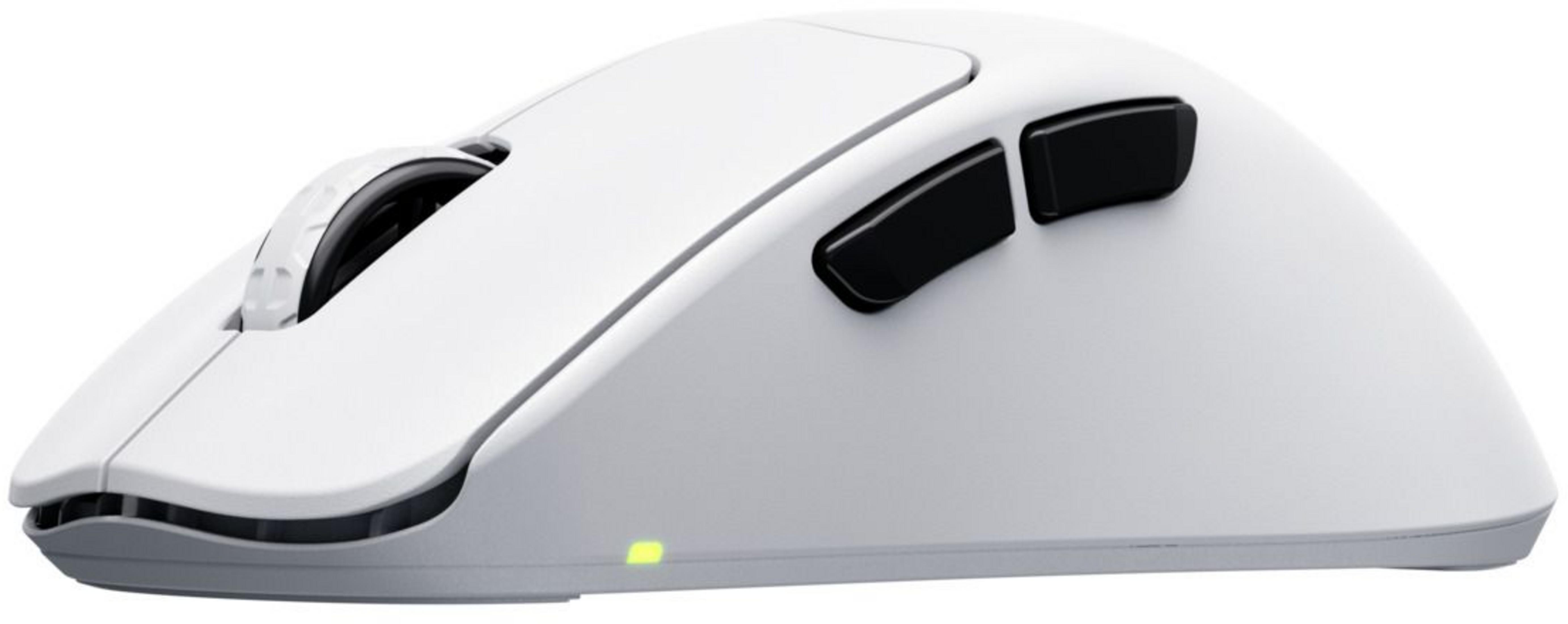 Un mouse bianco con base grigia e pulsanti neri.