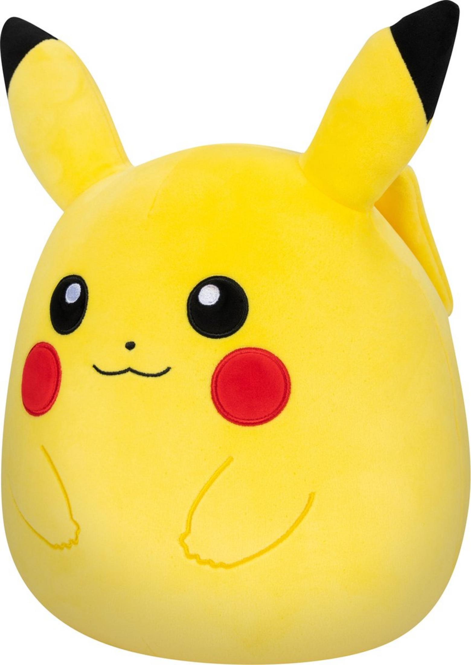 Ein gelber Pikachu-Plüsch mit schwarzen Ohrenspitzen und roten Wangen.