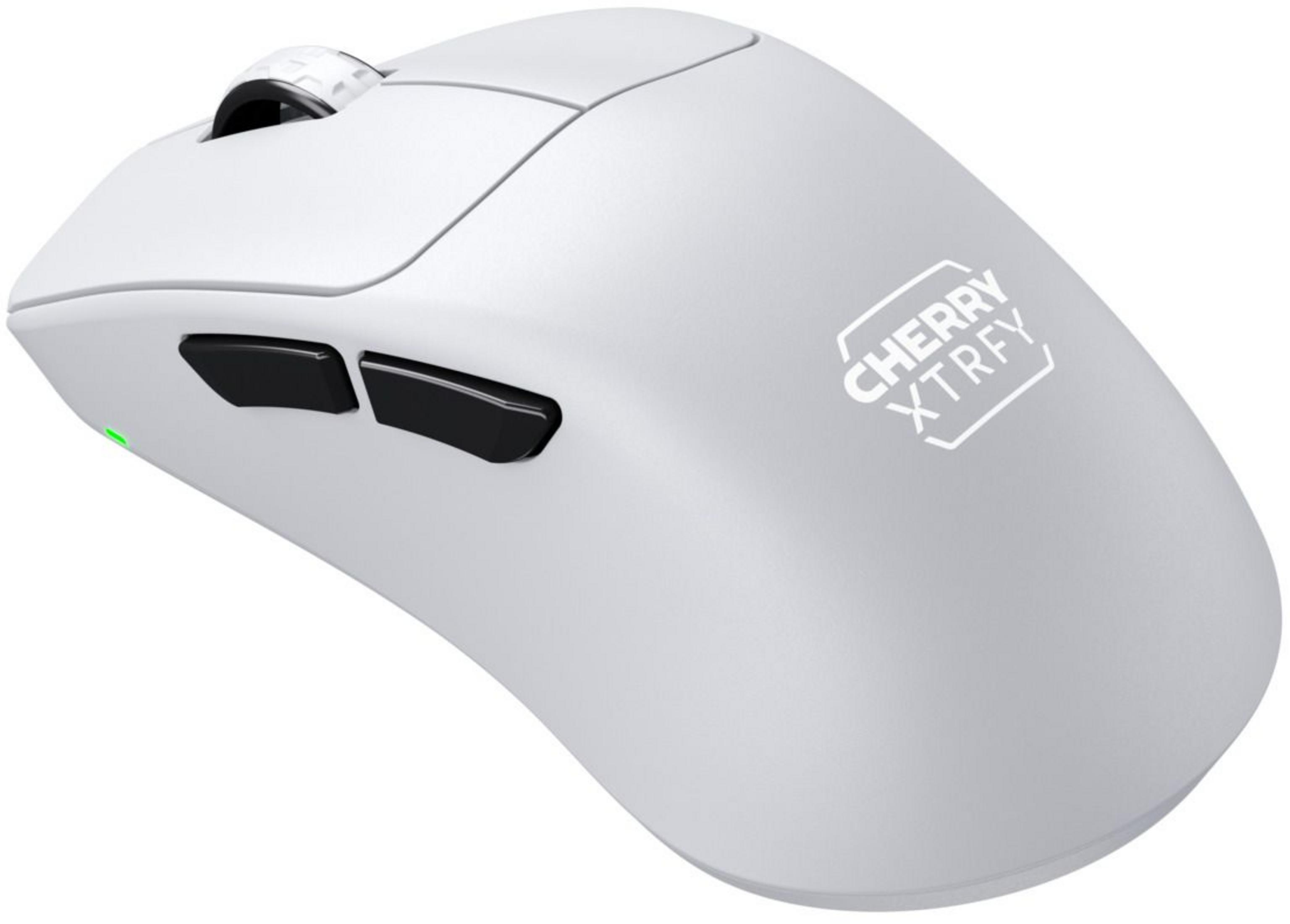 Un mouse gaming wireless bianco con pulsanti neri e logo Cherry Xtrfy.
