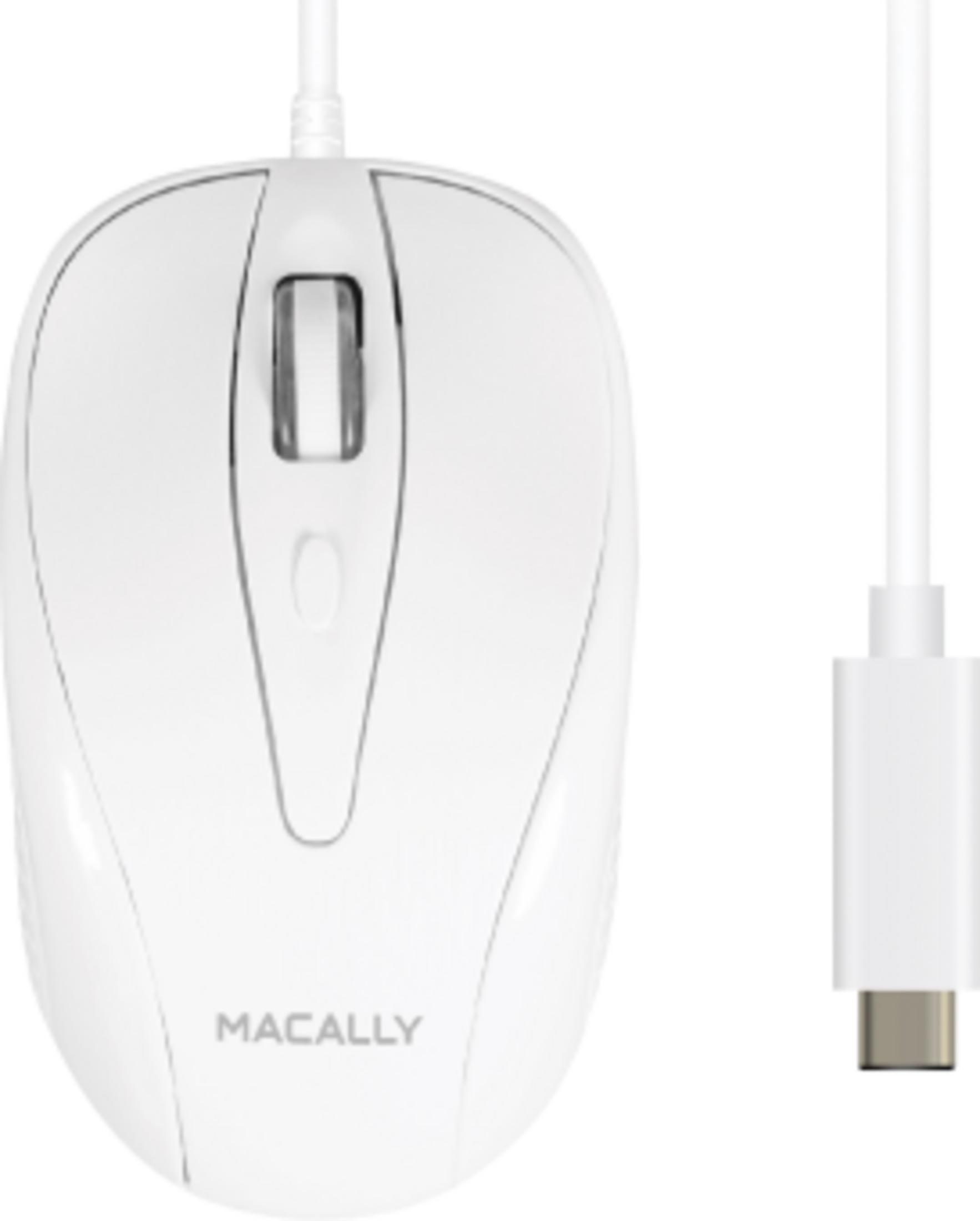 Eine weiße Macally-Computermaus mit USB-C-Anschluss, Nahaufnahme.