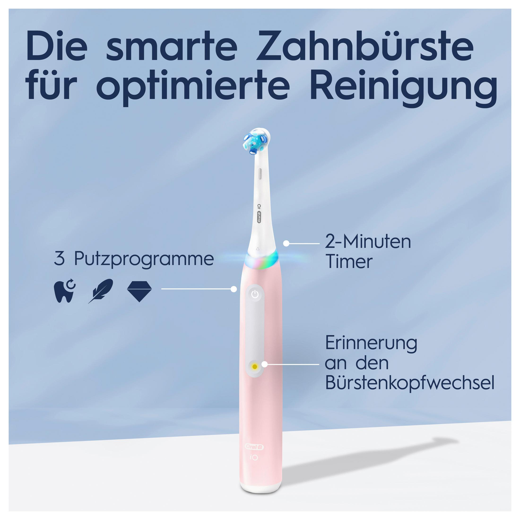 Eine rosa elektrische Zahnbürste mit blauen Borsten und weißen Akzenten.