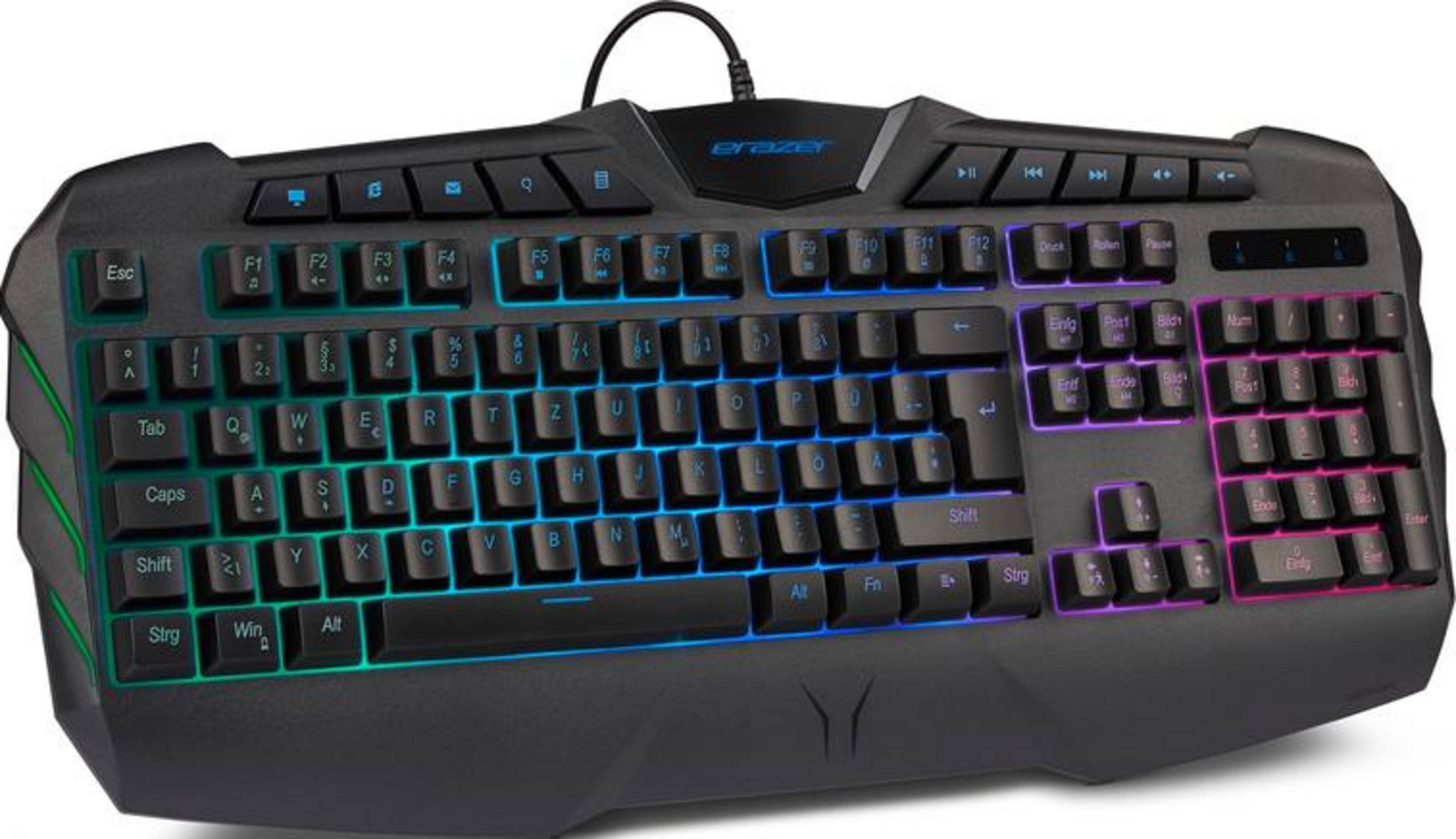 Ein schwarzes Gaming-Keyboard mit RGB-Hintergrundbeleuchtung, das auf einem weißen Hintergrund steht.