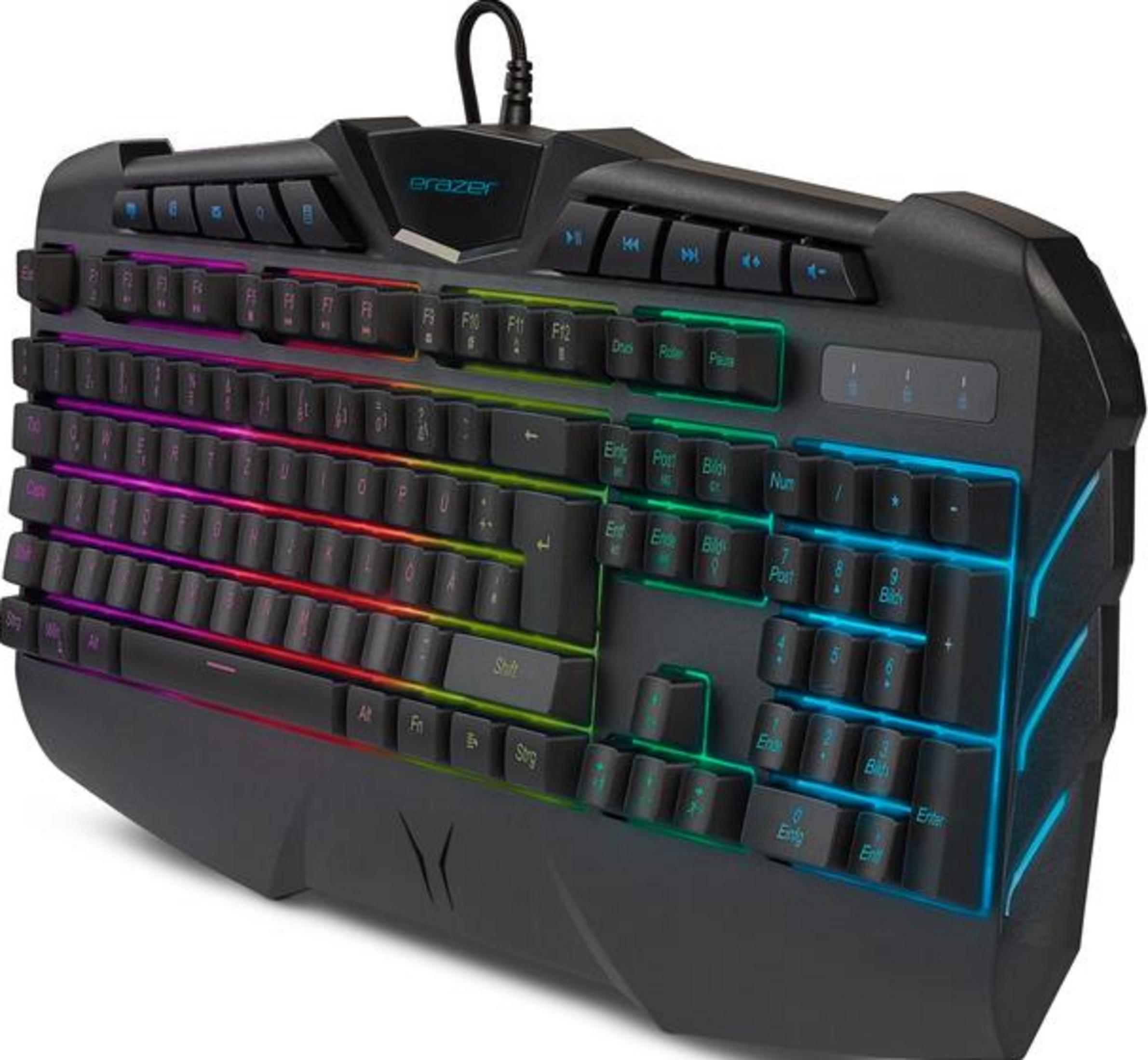 Eine schwarze Gaming-Tastatur mit RGB-Beleuchtung und dem Logo "Erazer".