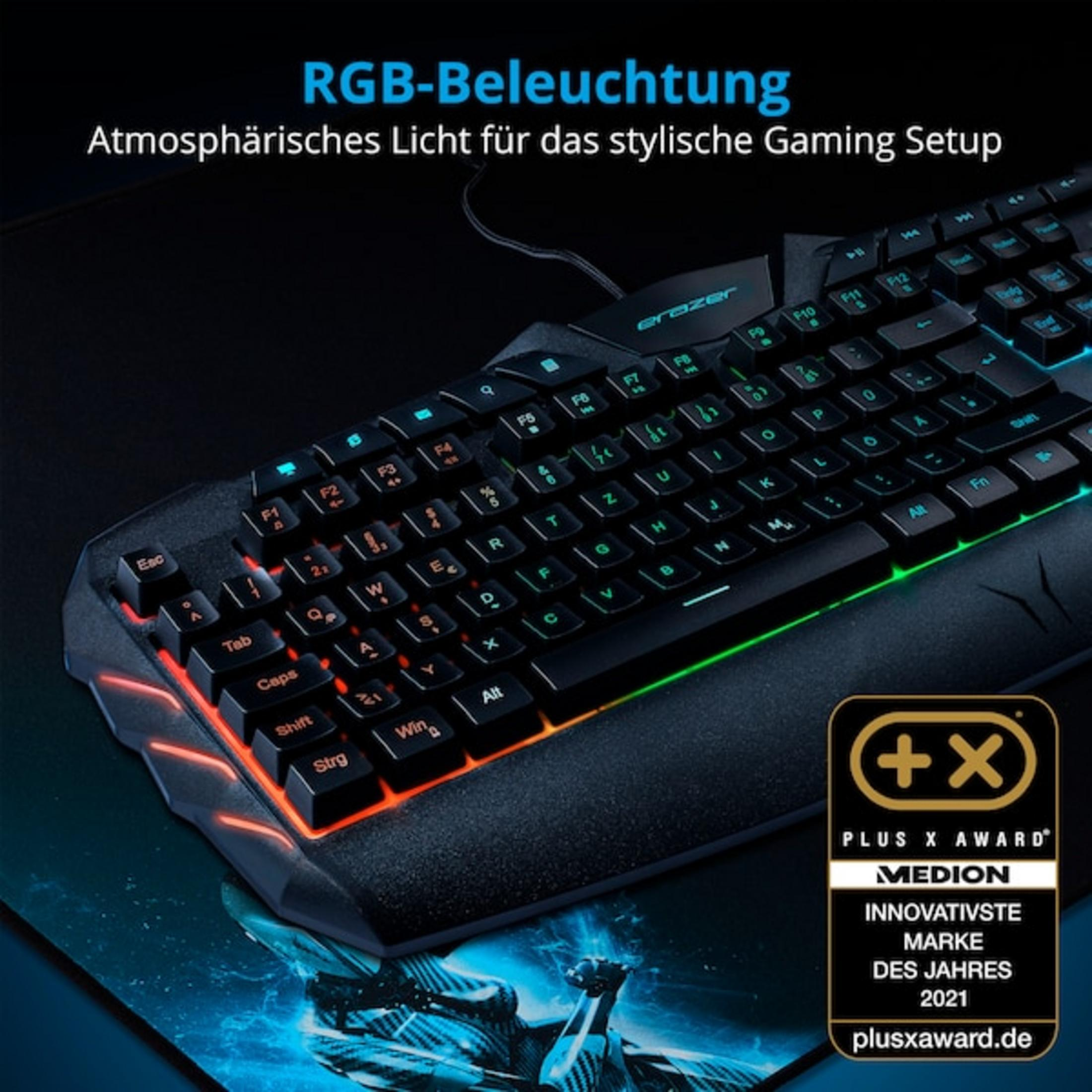 Eine schwarze Tastatur mit RGB-Beleuchtung und dem Plus X Award-Logo.