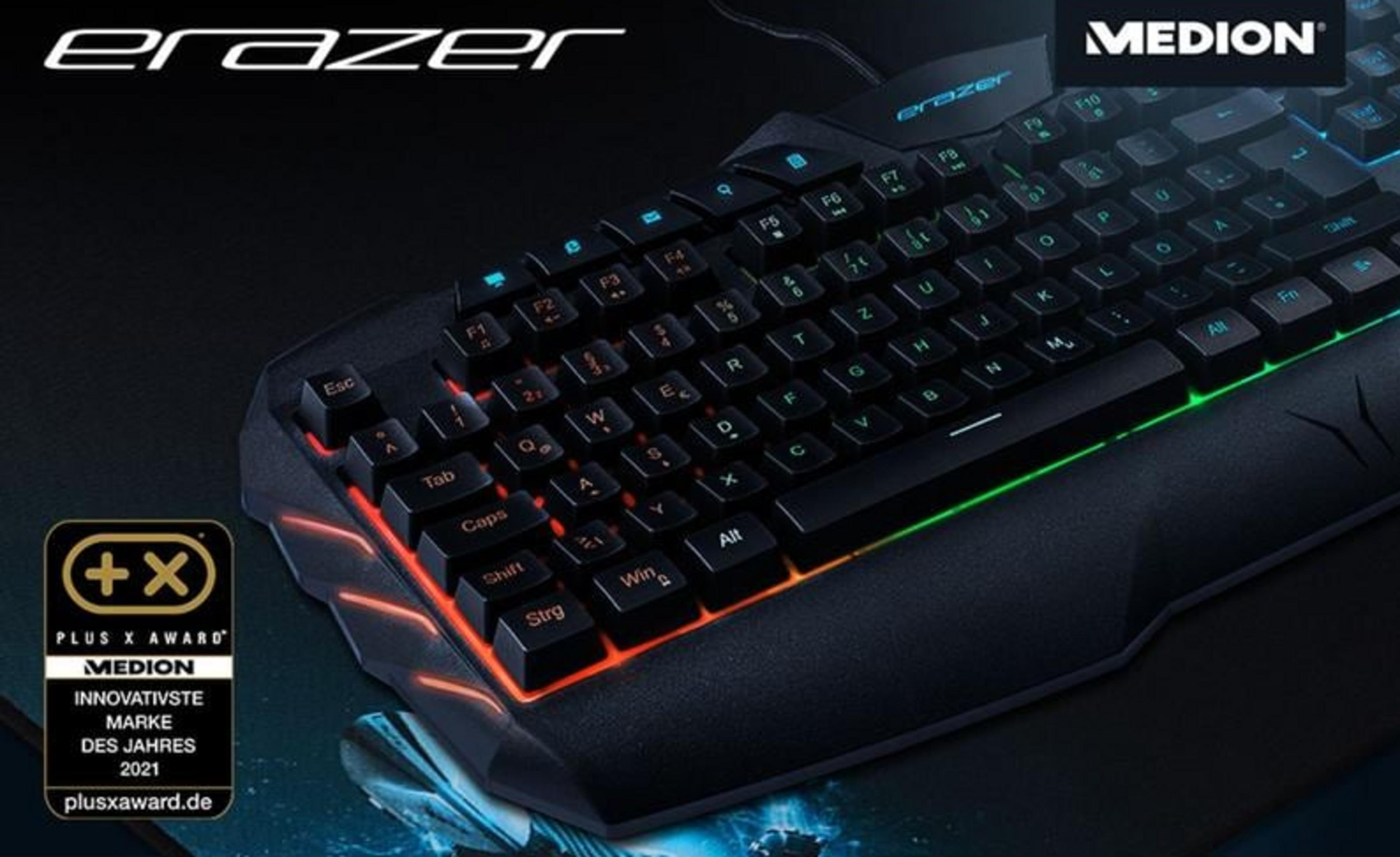 Eine schwarze Gaming-Tastatur mit RGB-Beleuchtung und dem Medion-Logo.