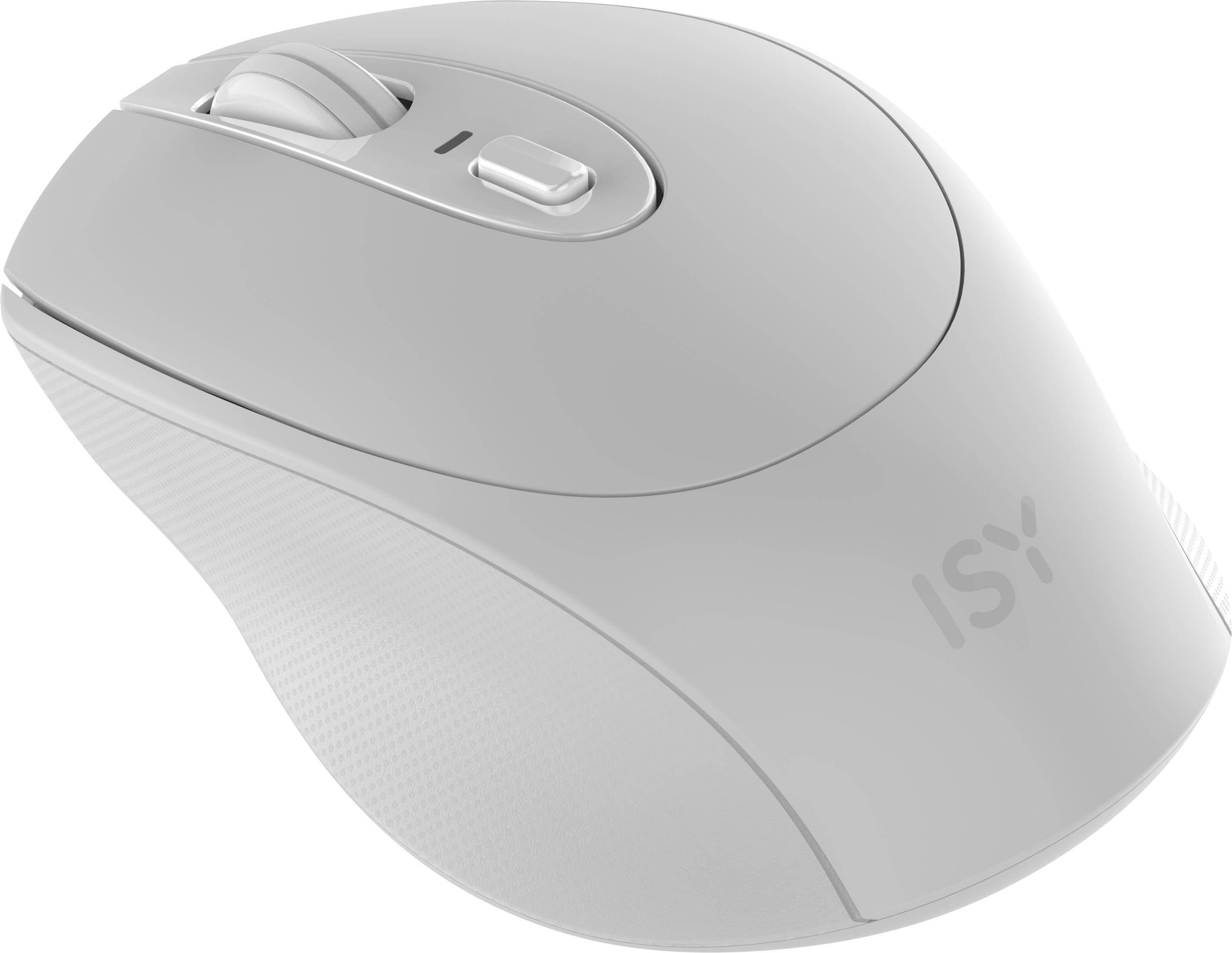Eine weiße ISY-Computermouse mit Scrollrad und Tasten auf weißem Hintergrund.