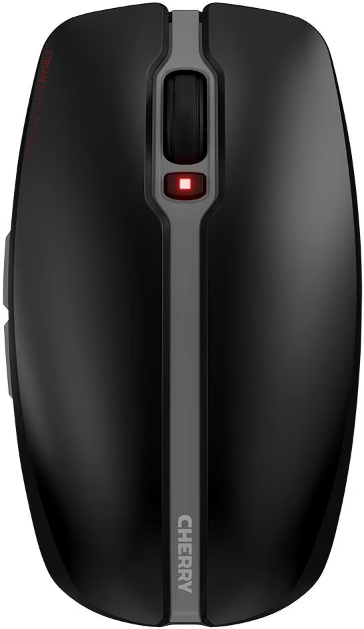 Czarna mysz z szarym paskiem i czerwonym światłem. Tekst na myszy.