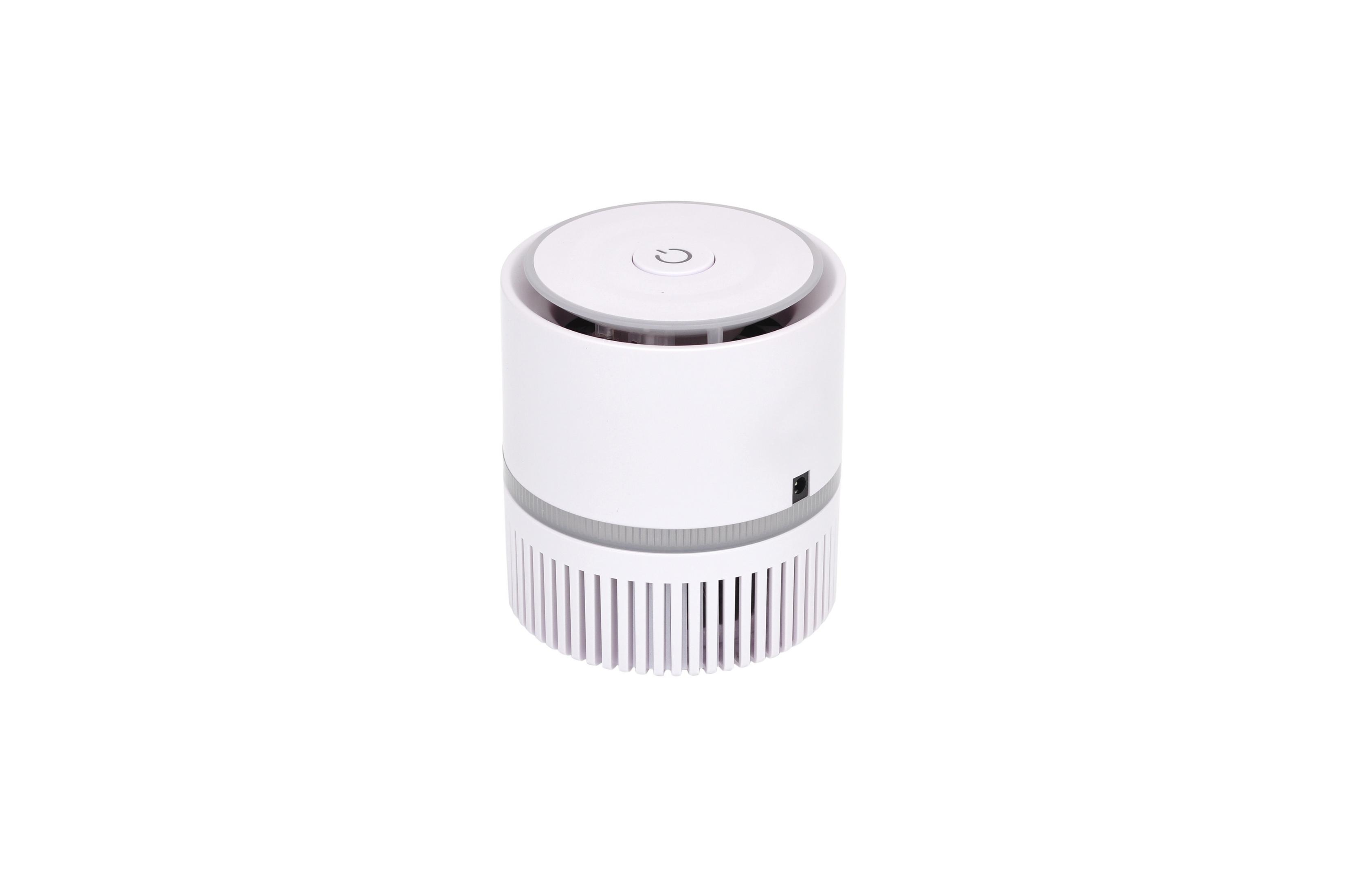 Un purificatore d'aria bianco con fessure di ventilazione e icona di accensione.