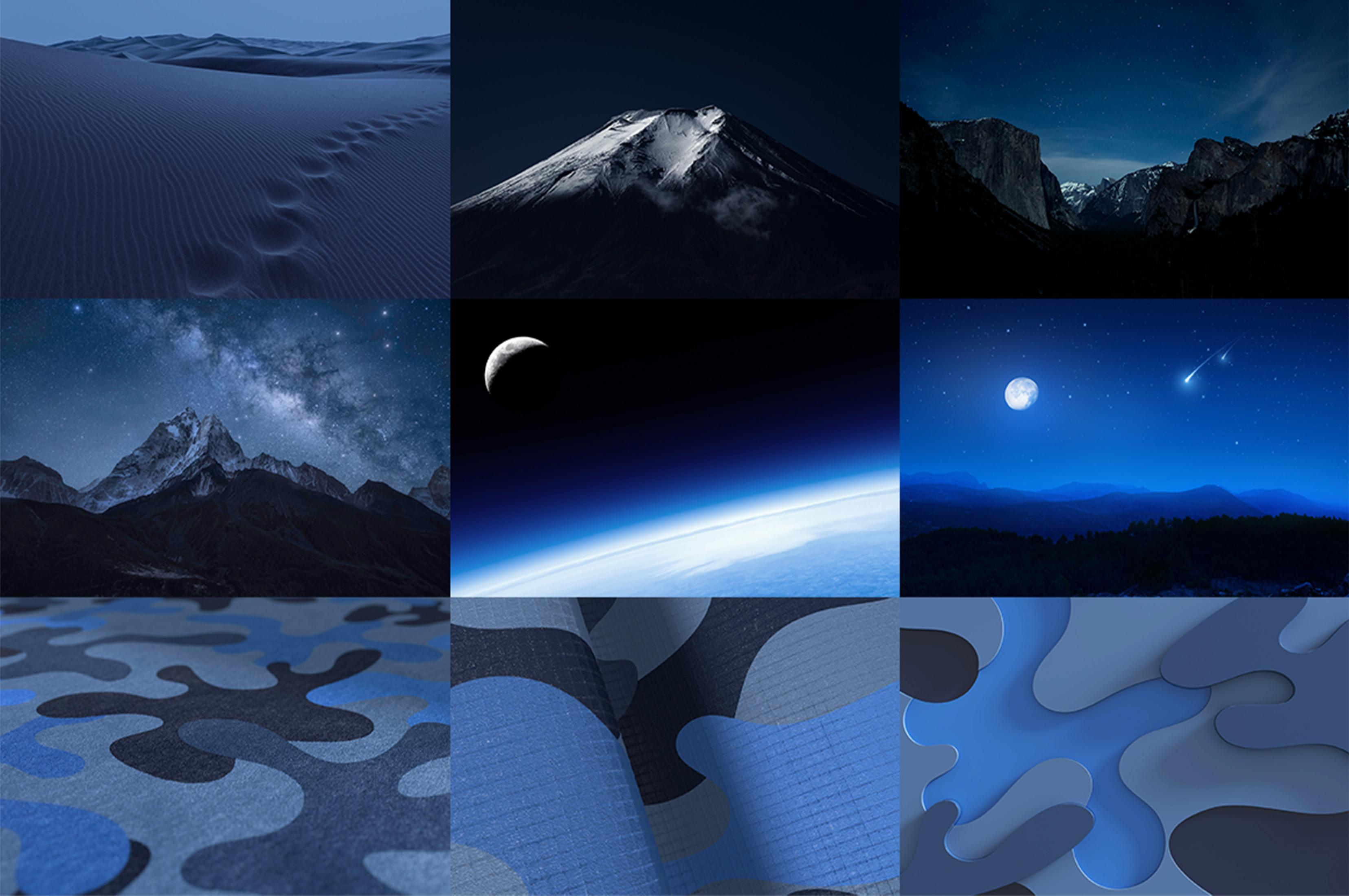 Dünenlandschaft bei Nacht, Berg mit Schnee, Gebirgszug, Erdatmosphäre mit Mond, Sternenhimmel, Berg und Sterne, Berglandschaft, Tarnmuster.