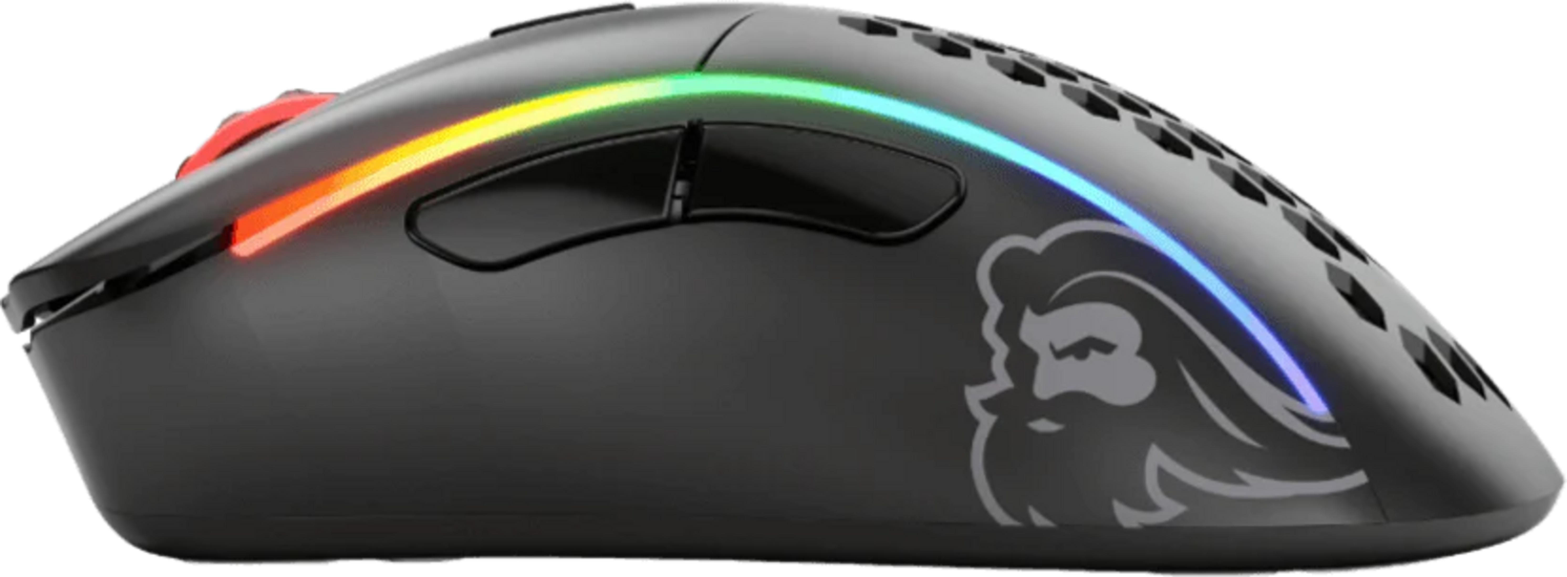 Black gaming mouse with RGB lighting and a bearded man logo.