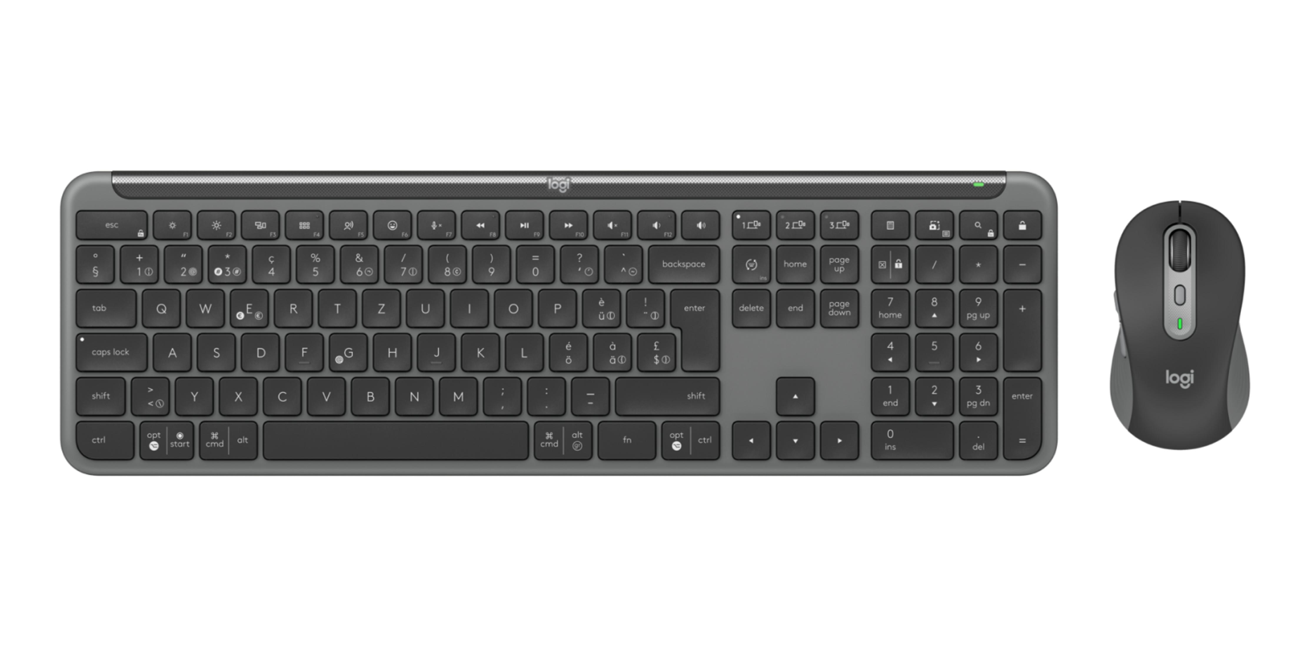 Szara klawiatura bezprzewodowa i mysz Logitech leżą obok siebie.