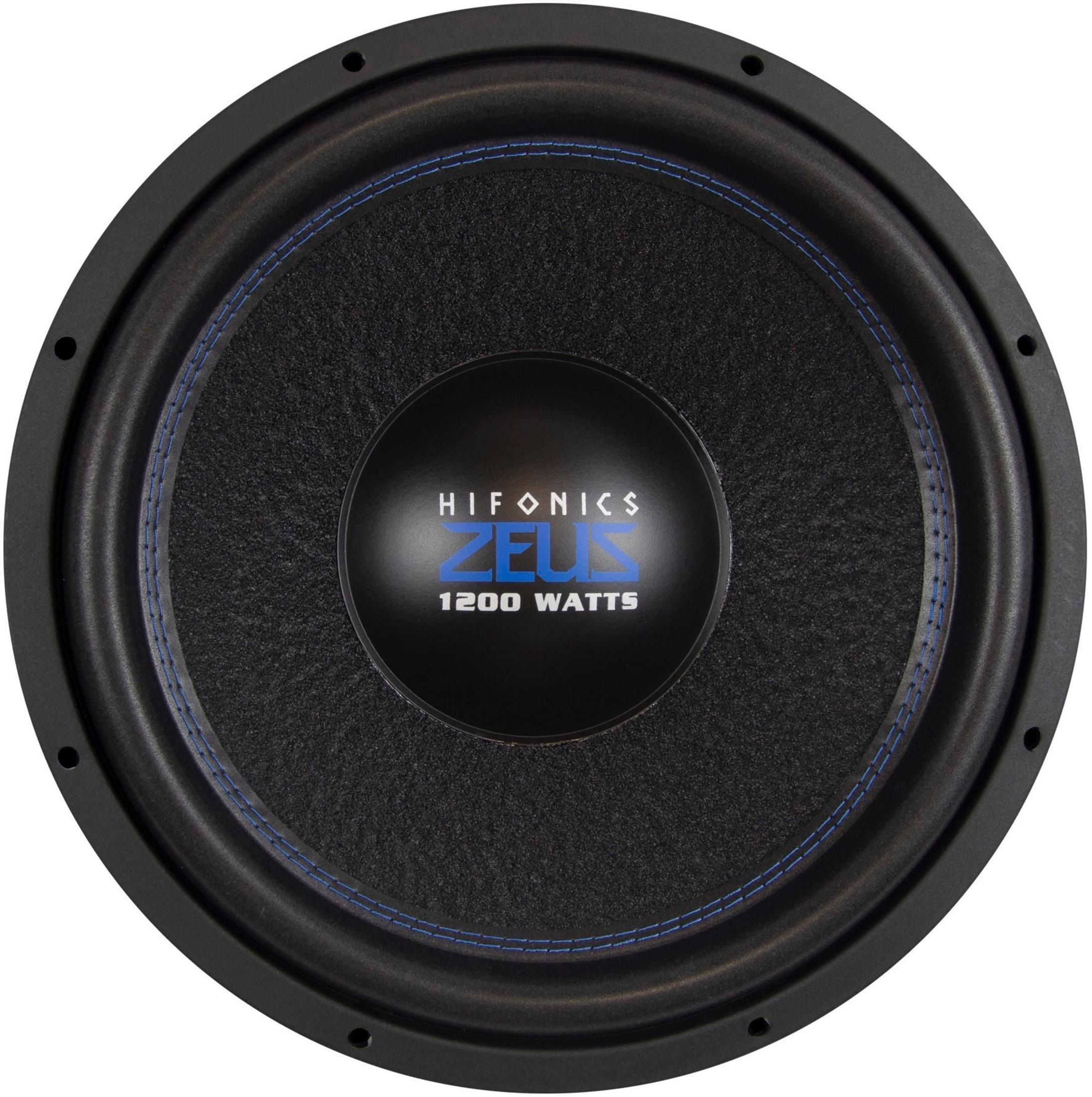 Schwarzer Subwoofer mit blauer Naht und "ZEUS 1200 WATTS" Logo.