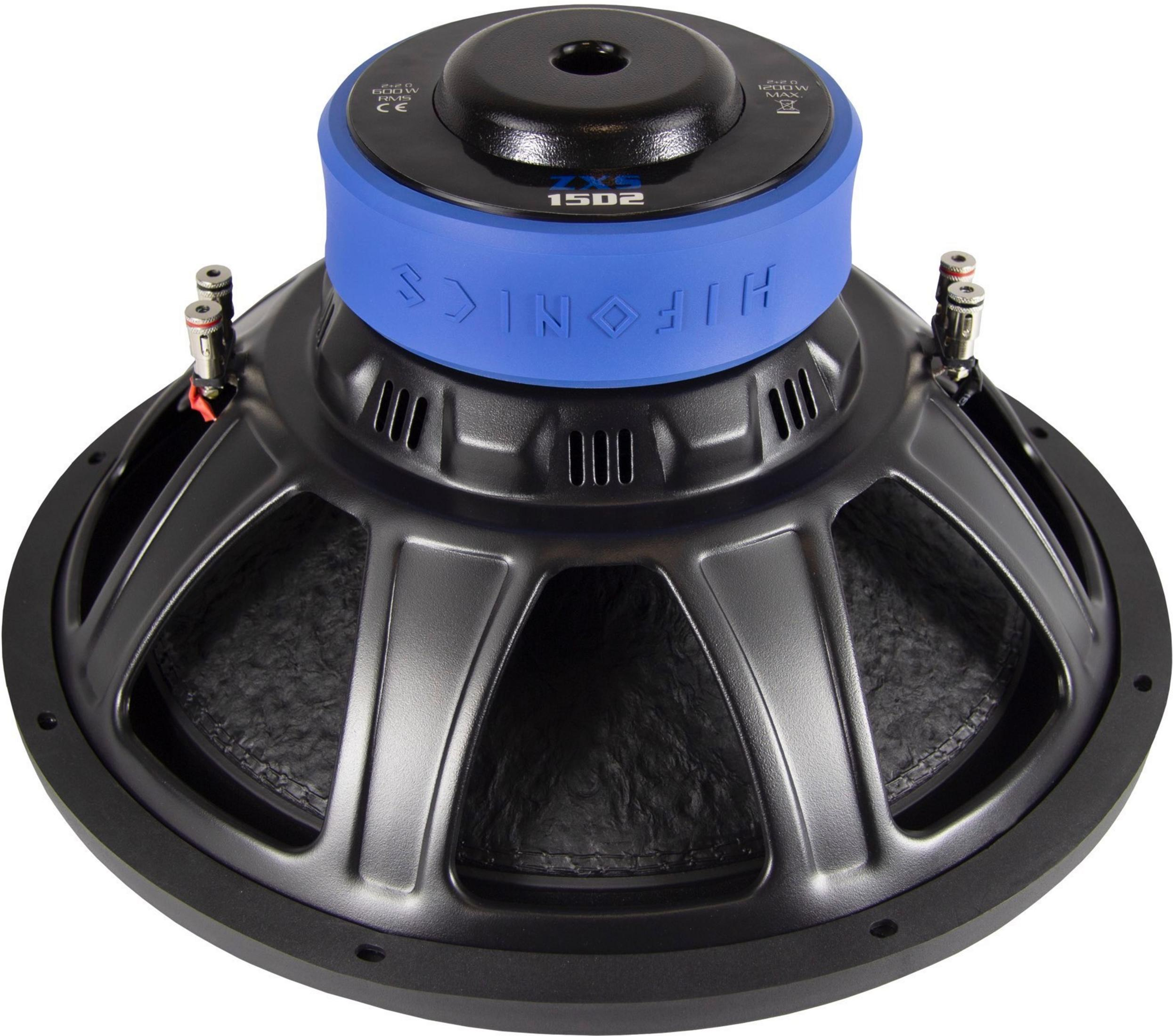 Schwarzer Subwoofer mit blauer Zierleiste und silbernen Anschlüssen.