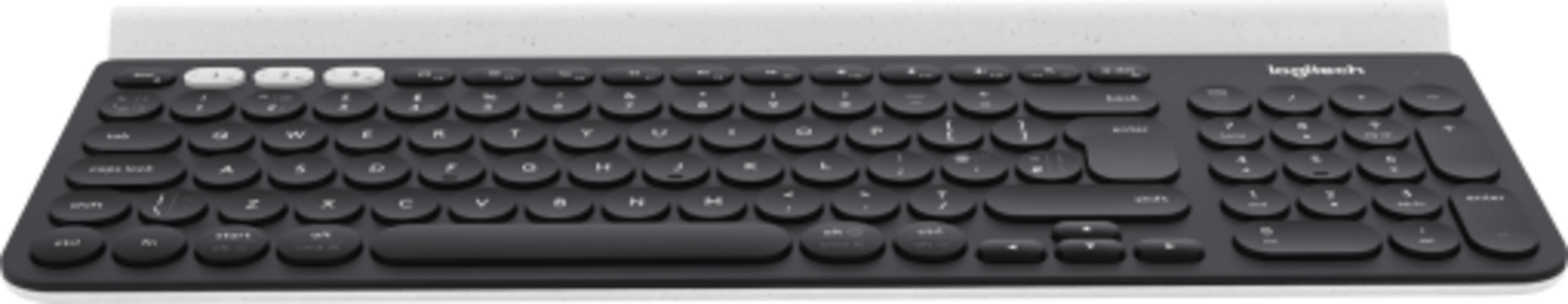 Ciemna klawiatura z okrągłymi klawiszami i białym akcentem na górze.