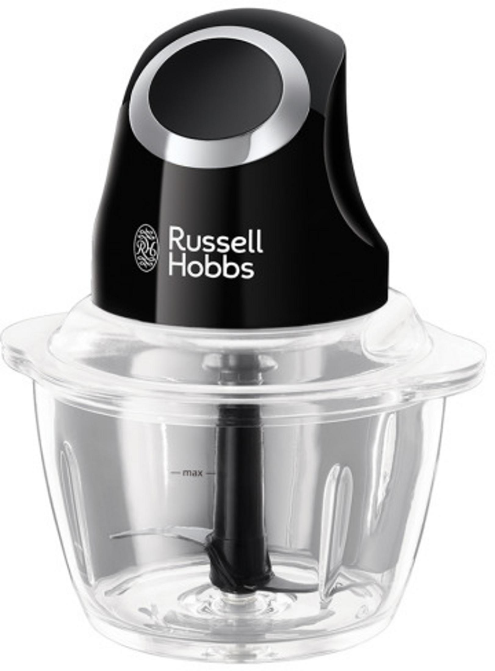 Şeffaf hazne ve gümüş halkalı siyah Russell Hobbs doğrayıcı.