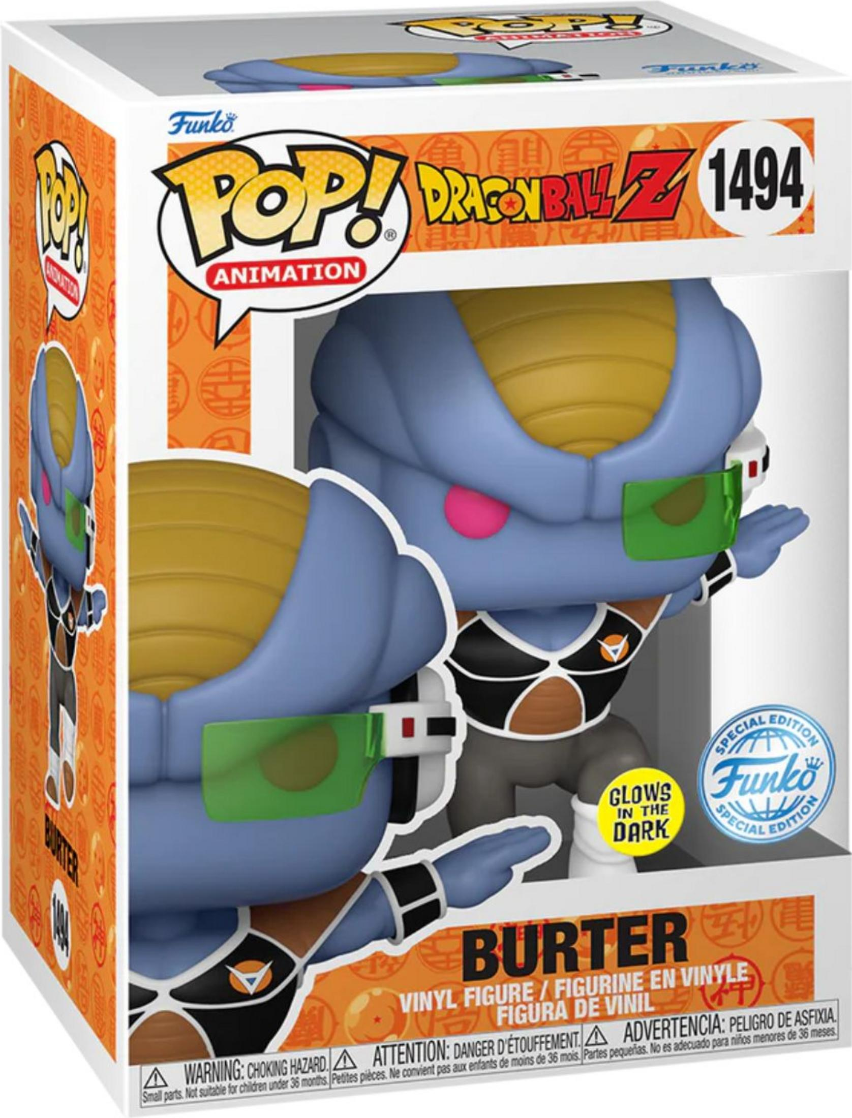 Funko Pop! Dragon Ball Z Burter Figur, blau, mit grüner Brille und Rüstung.