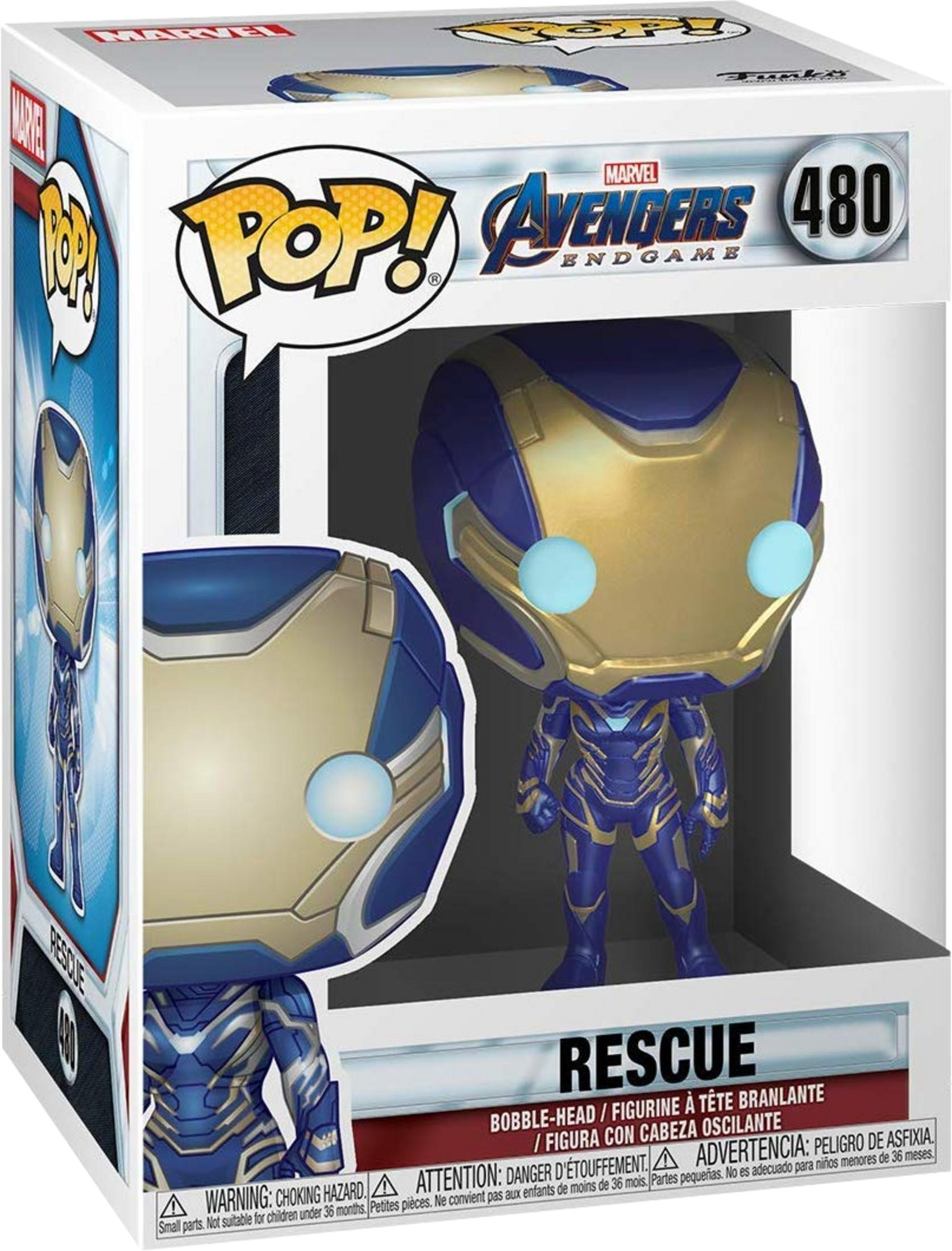Funko Pop! Figur von Rescue aus Avengers: Endgame in blauer und goldener Rüstung.