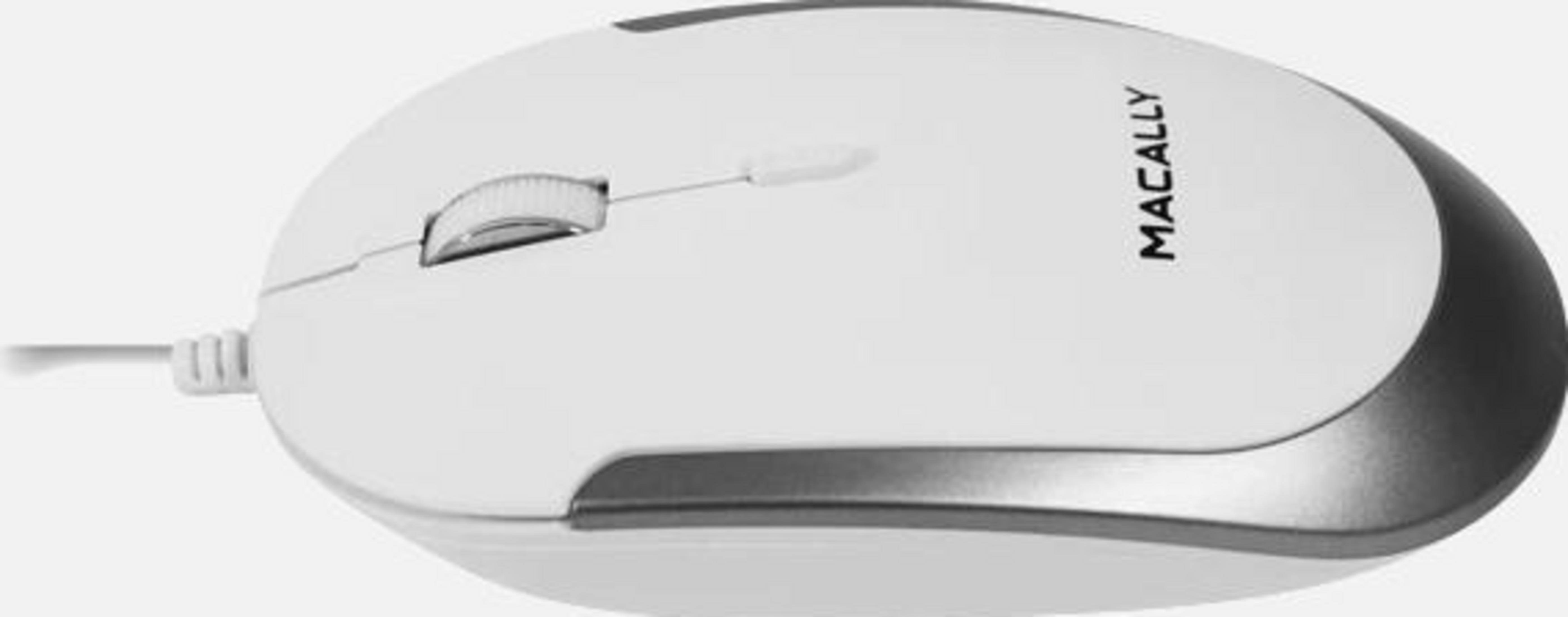 Eine weiße Computermuis mit Scrollrad und Macally-Logo.