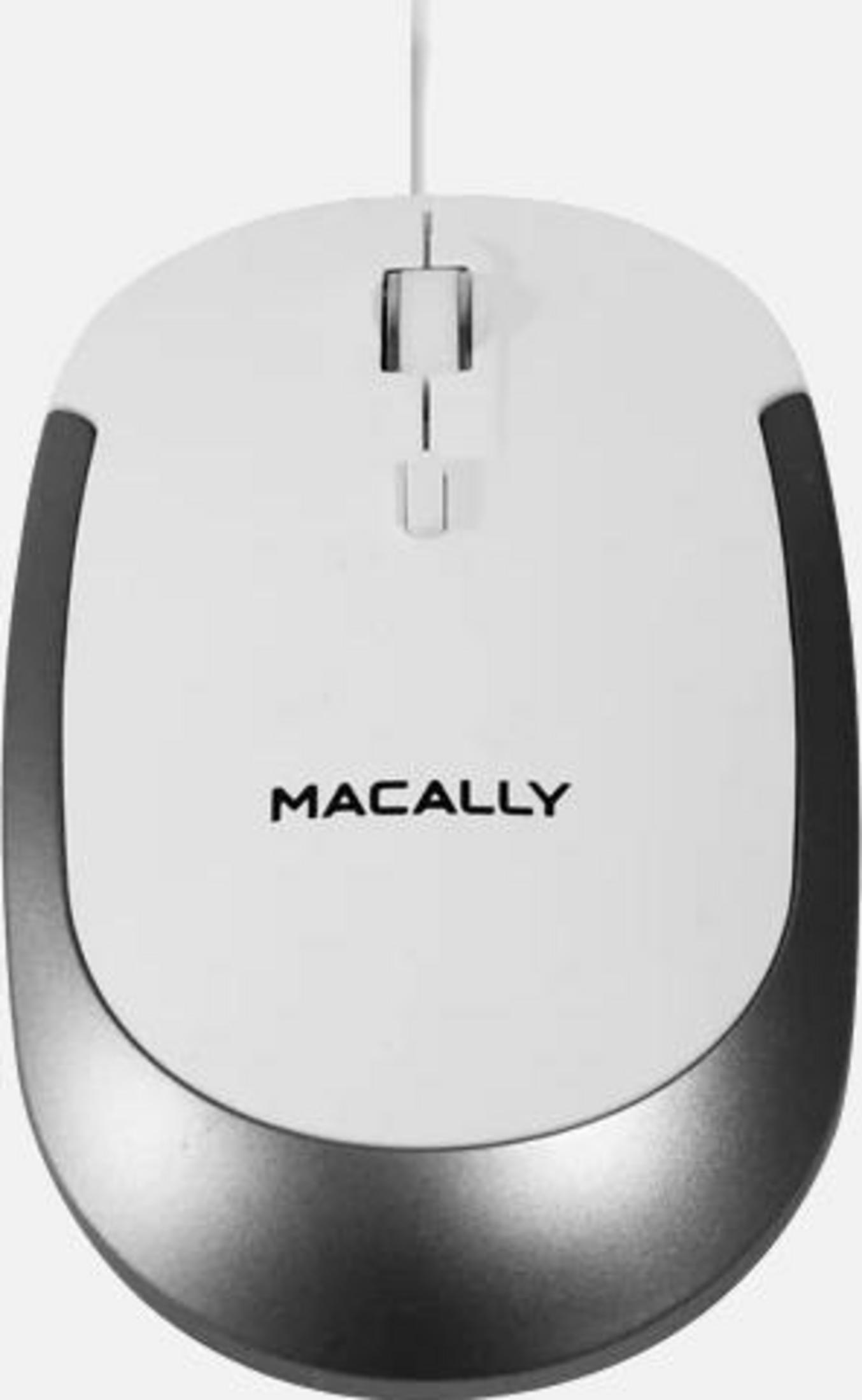 Eine weiße Macally-Maus mit silbernen Seiten und einem Kabel.
