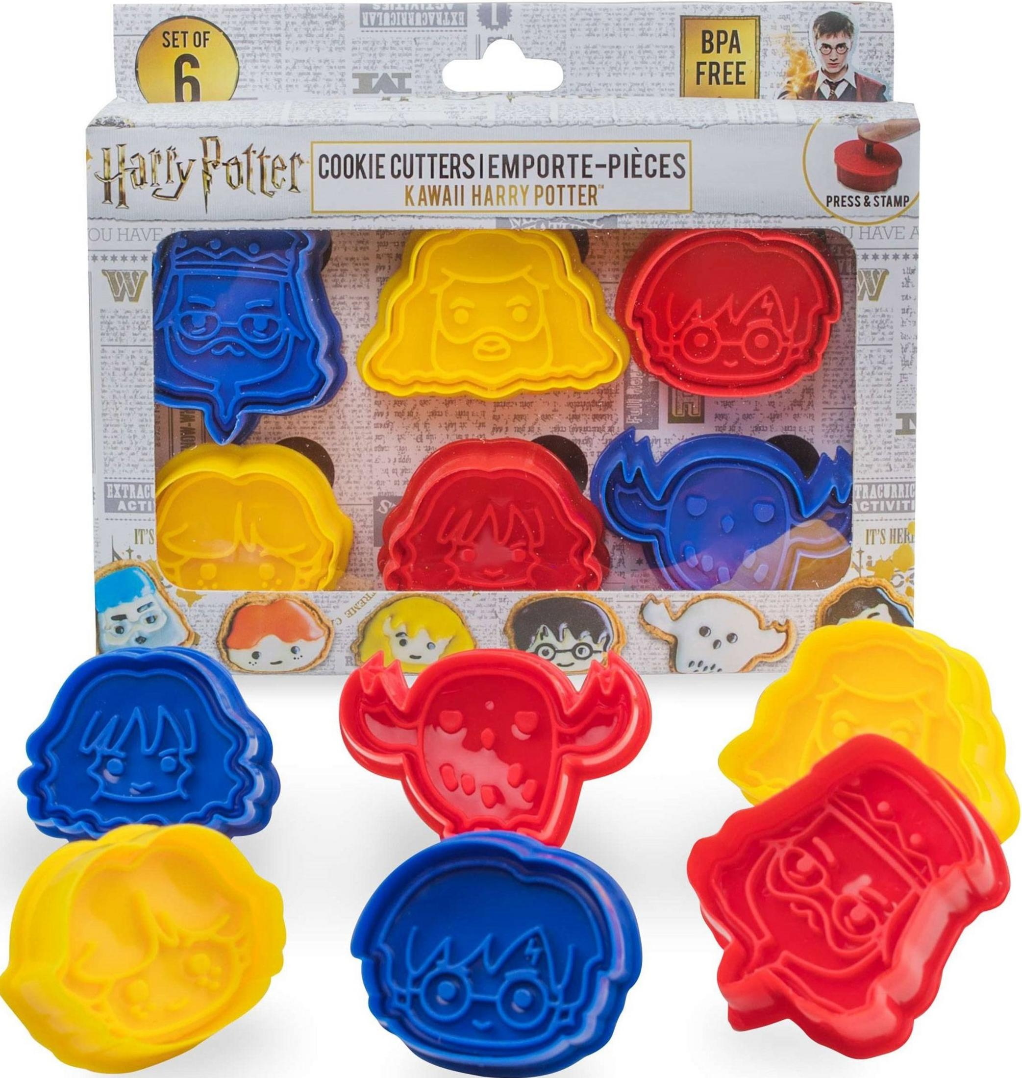 Harry Potter Keksausstecher-Set mit 6 Figuren in Rot, Gelb und Blau.
