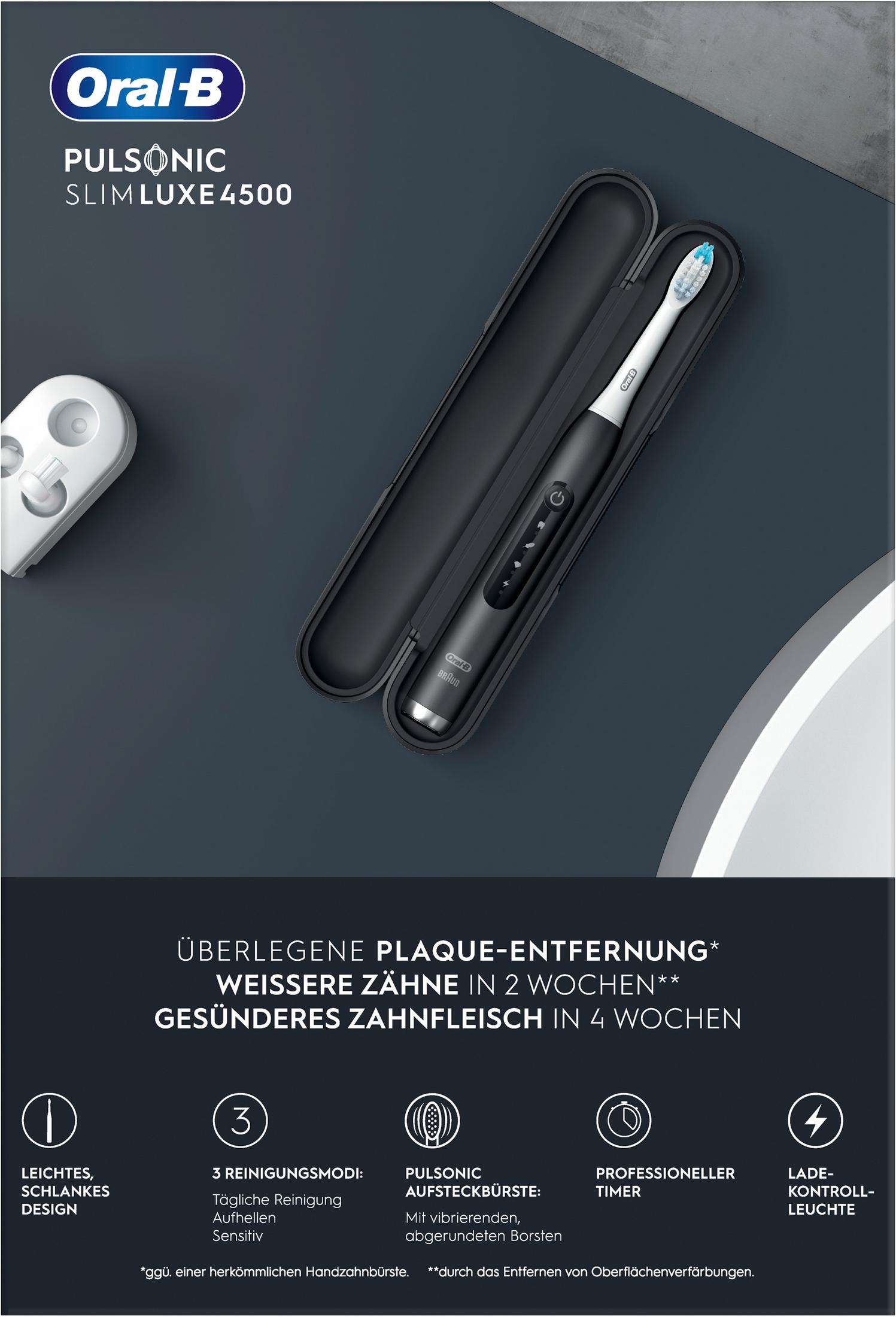 Czarna szczoteczka Oral-B Pulsonic w czarnym etui, obok biały adapter ładowania.