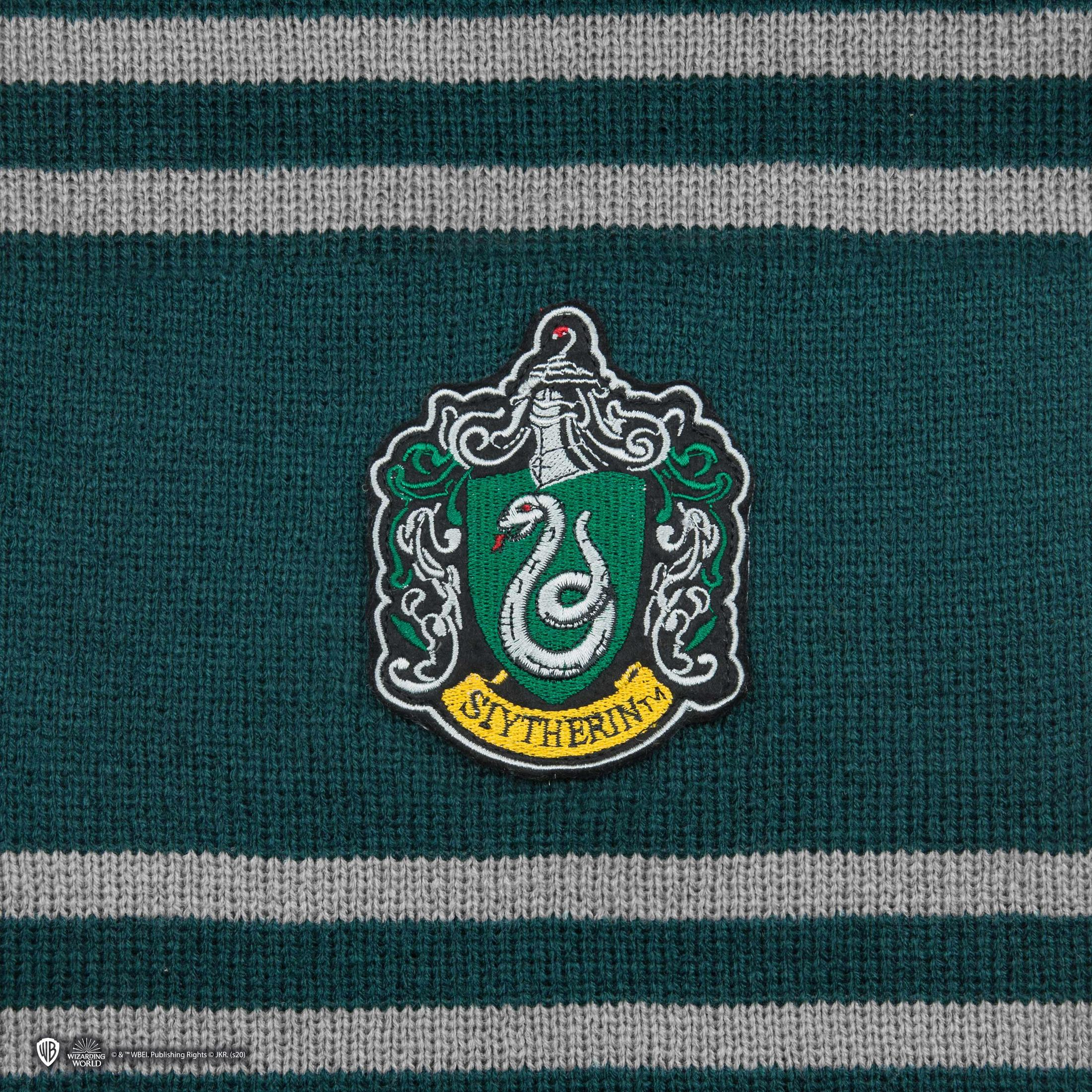 Ein Slytherin-Wappen mit Schlange auf einem gestreiften Pullover.