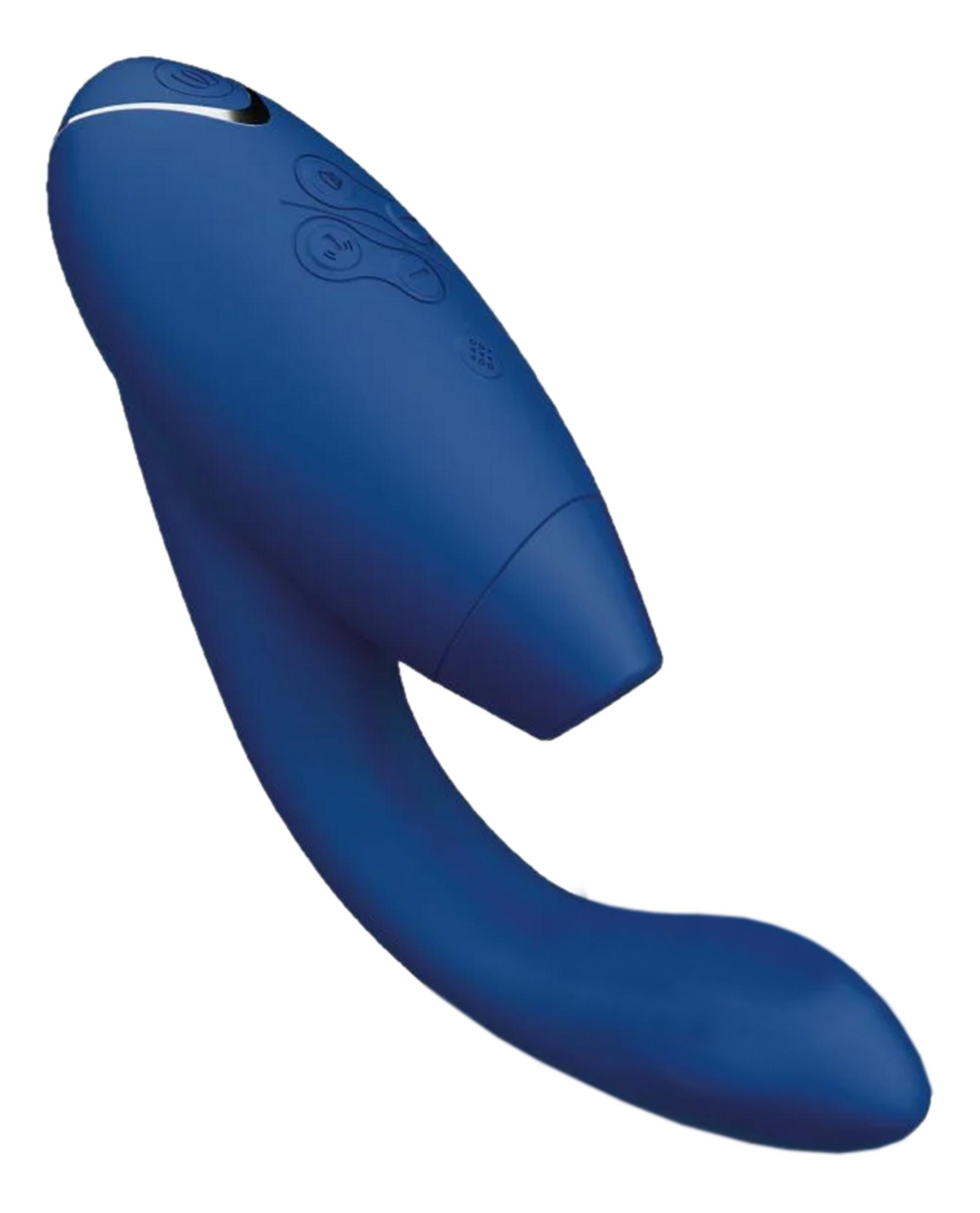 Ein blauer Vibrator mit Knöpfen und einem geschwungenen Design.