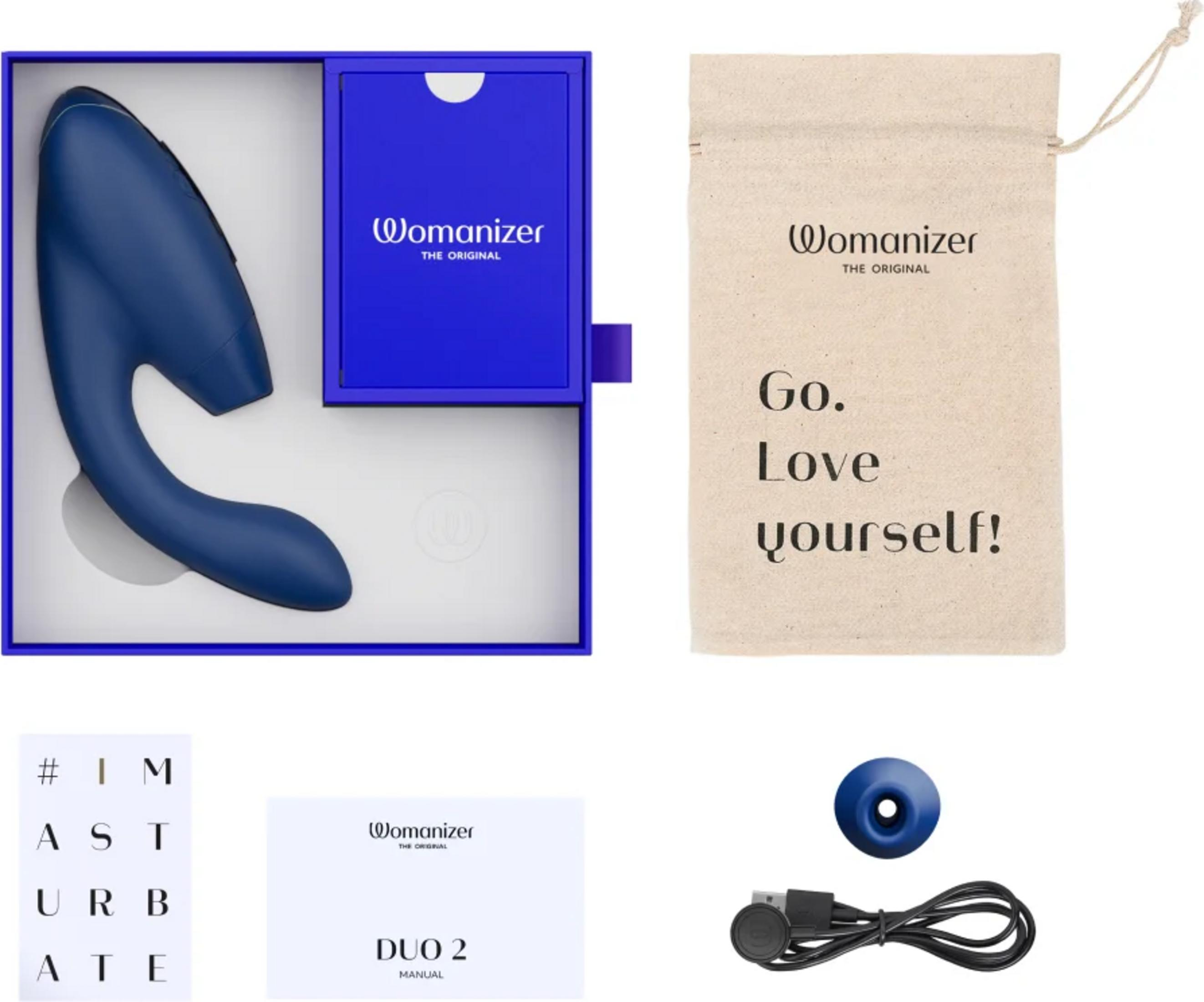 Ein blaues Gerät, eine Stofftasche, Anleitungen und Zubehör.