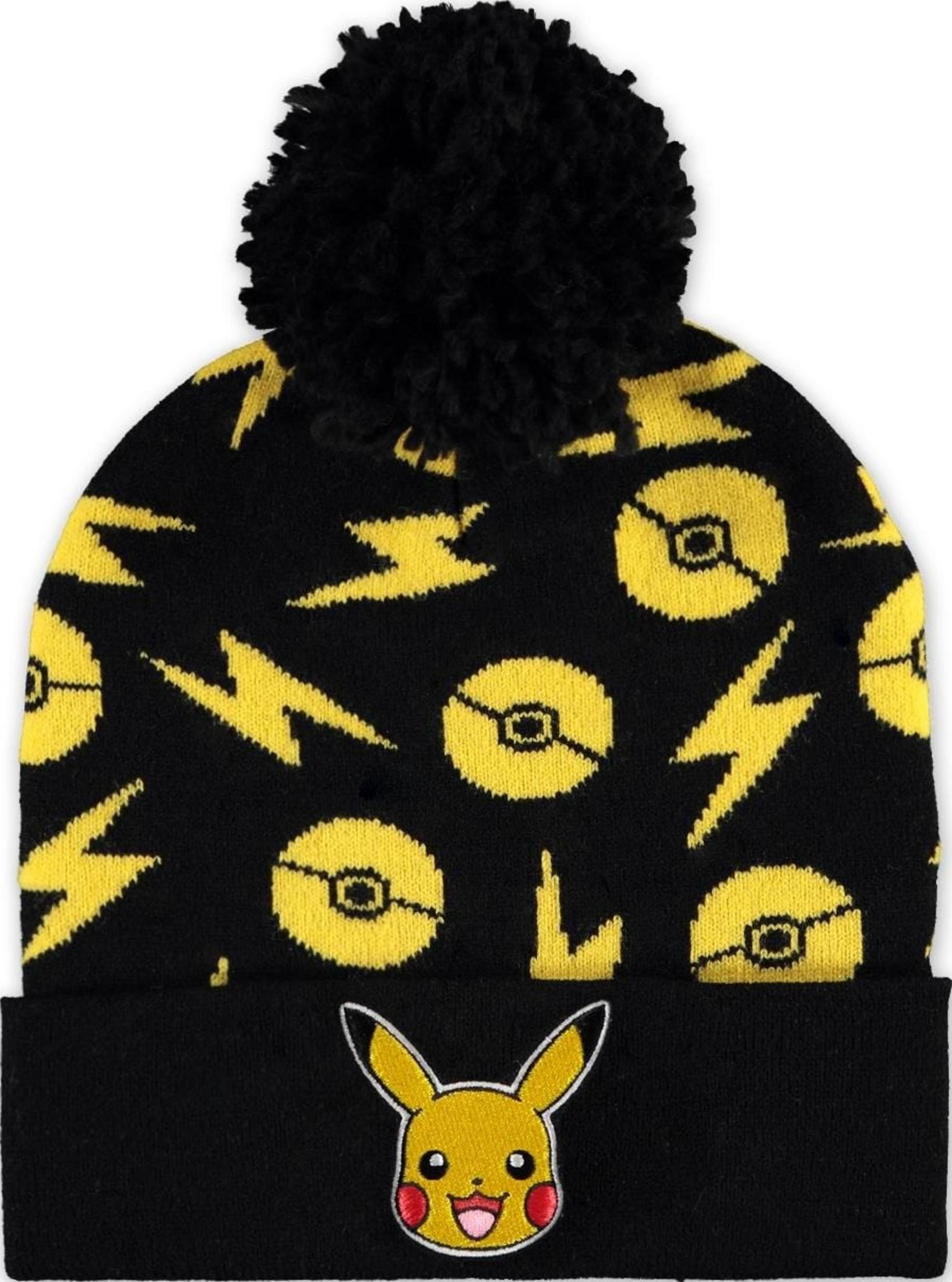 Schwarze Mütze mit gelben Blitz- und Pokeball-Mustern. Pikachu-Gesicht vorne.
