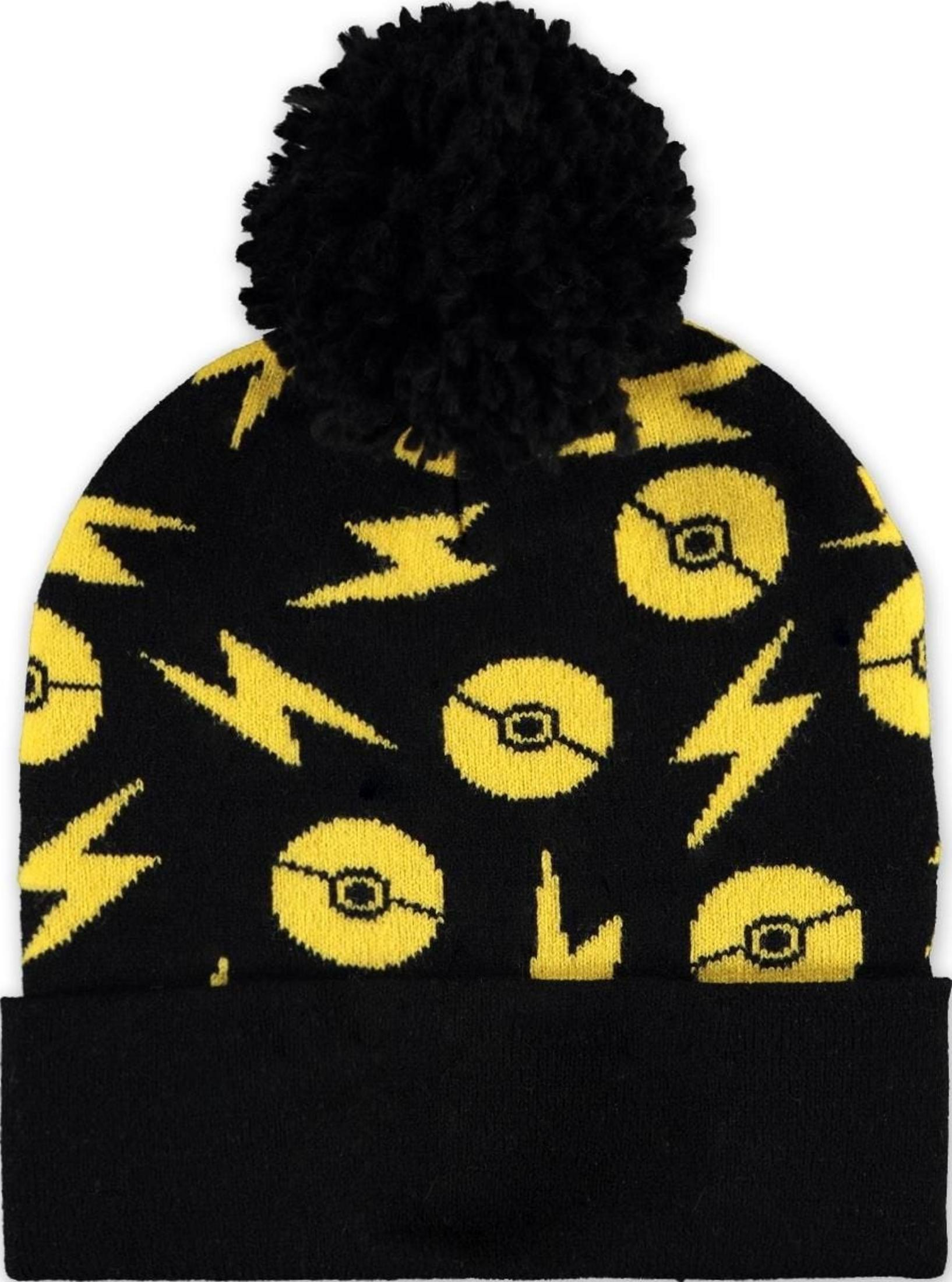Schwarze Mütze mit gelben Blitz- und Pokeball-Motiven und schwarzem Bommel.