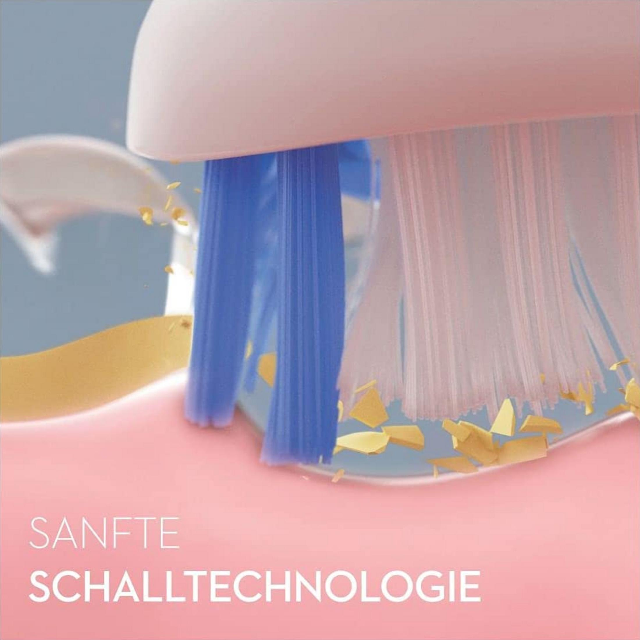 Cepillo de dientes eléctrico con cerdas azules limpiando placa.