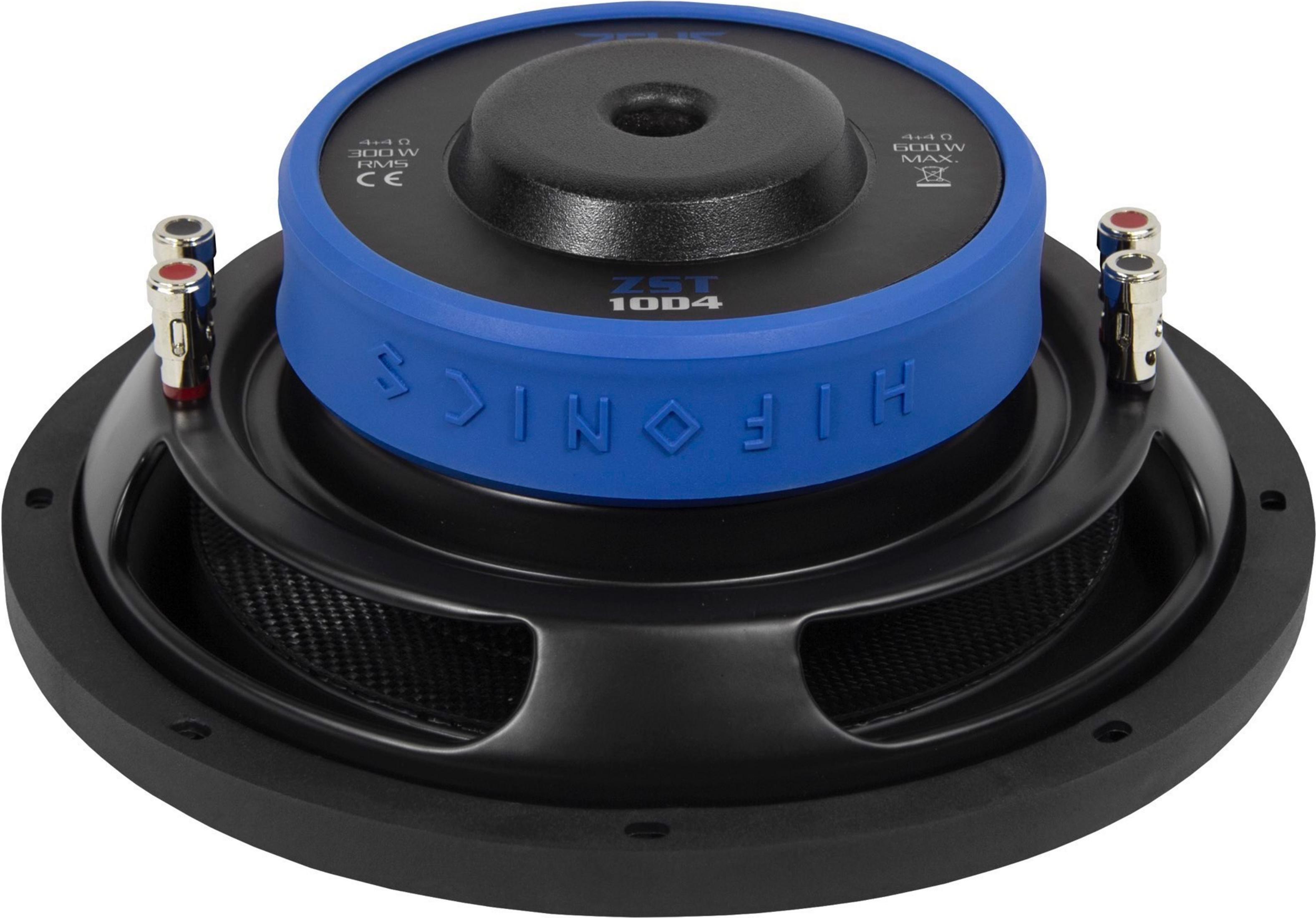 Schwarzer Subwoofer mit blauer Zierleiste, Beschriftung zeigt 300W RMS, 600W MAX.