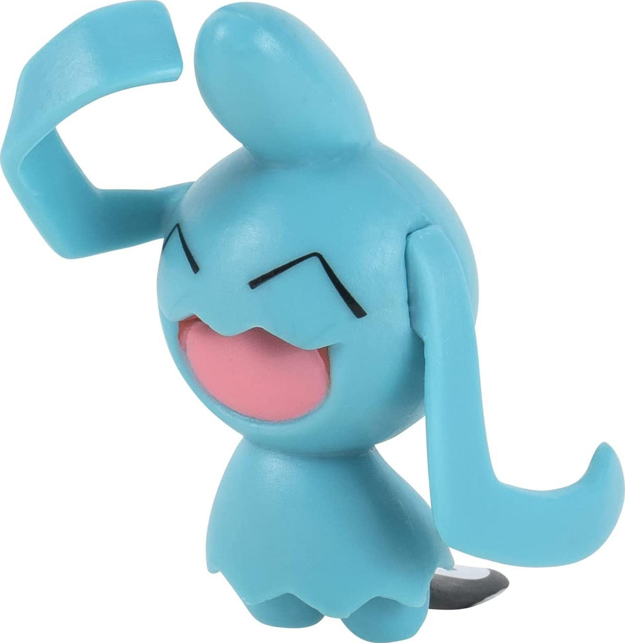 Ein hellblauer Pokémon-Figur mit einem breiten Lächeln und geschlossenen Augen.
