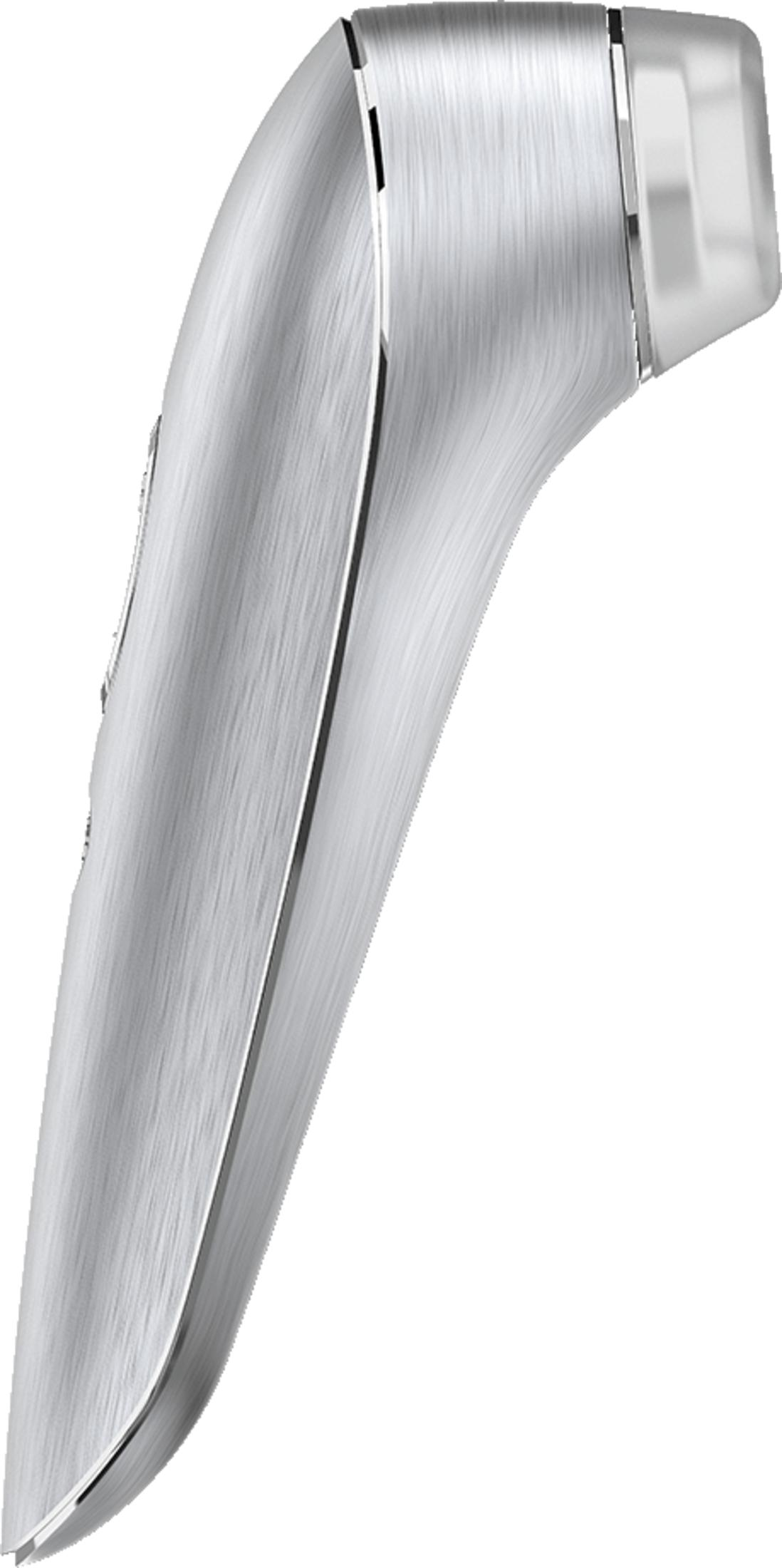 Eleganckie, srebrne urządzenie z szczotkowanym metalowym wykończeniem i przezroczystym akcentem.