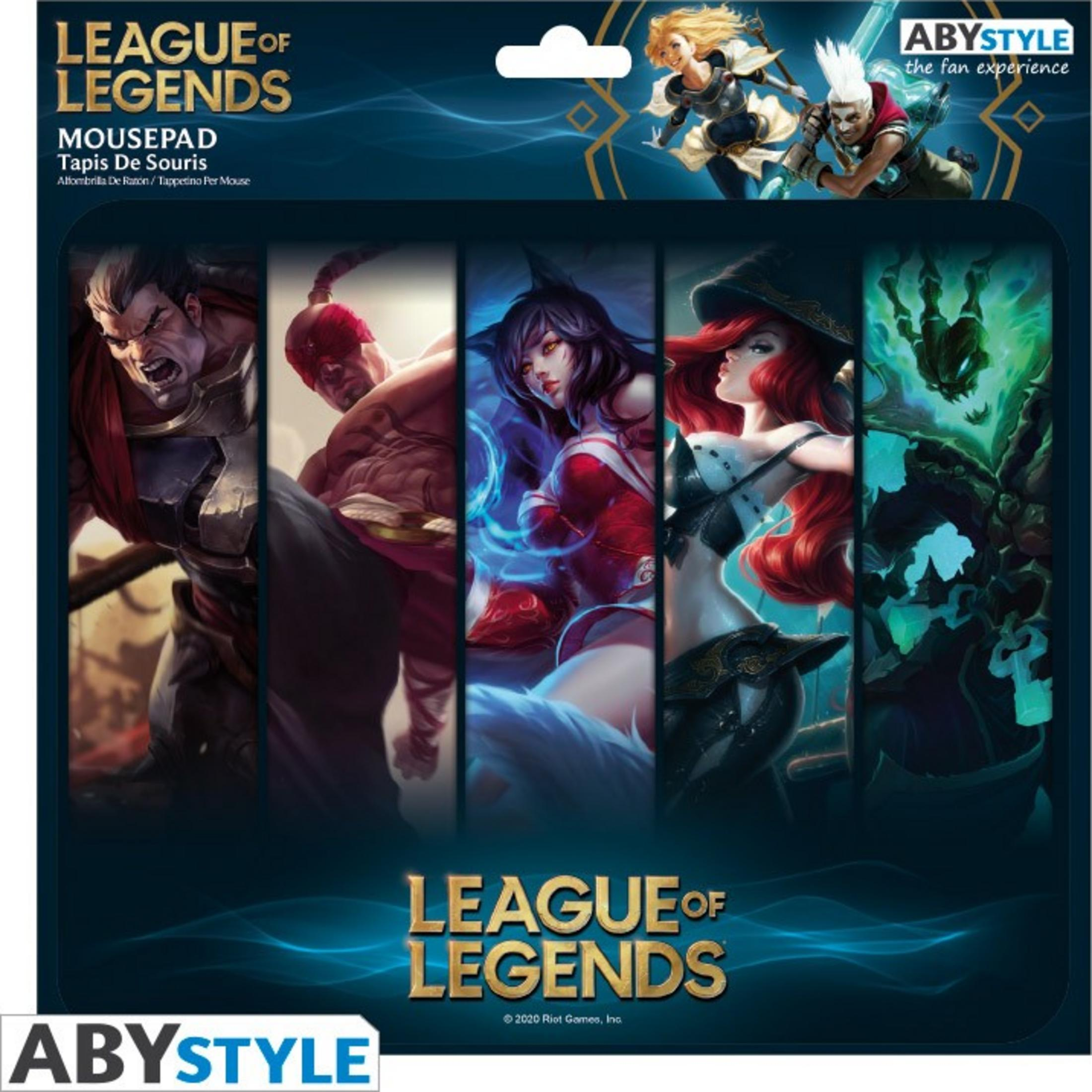 League of Legends Mauspad mit 5 Charakterabbildungen und Spiel-Logo.