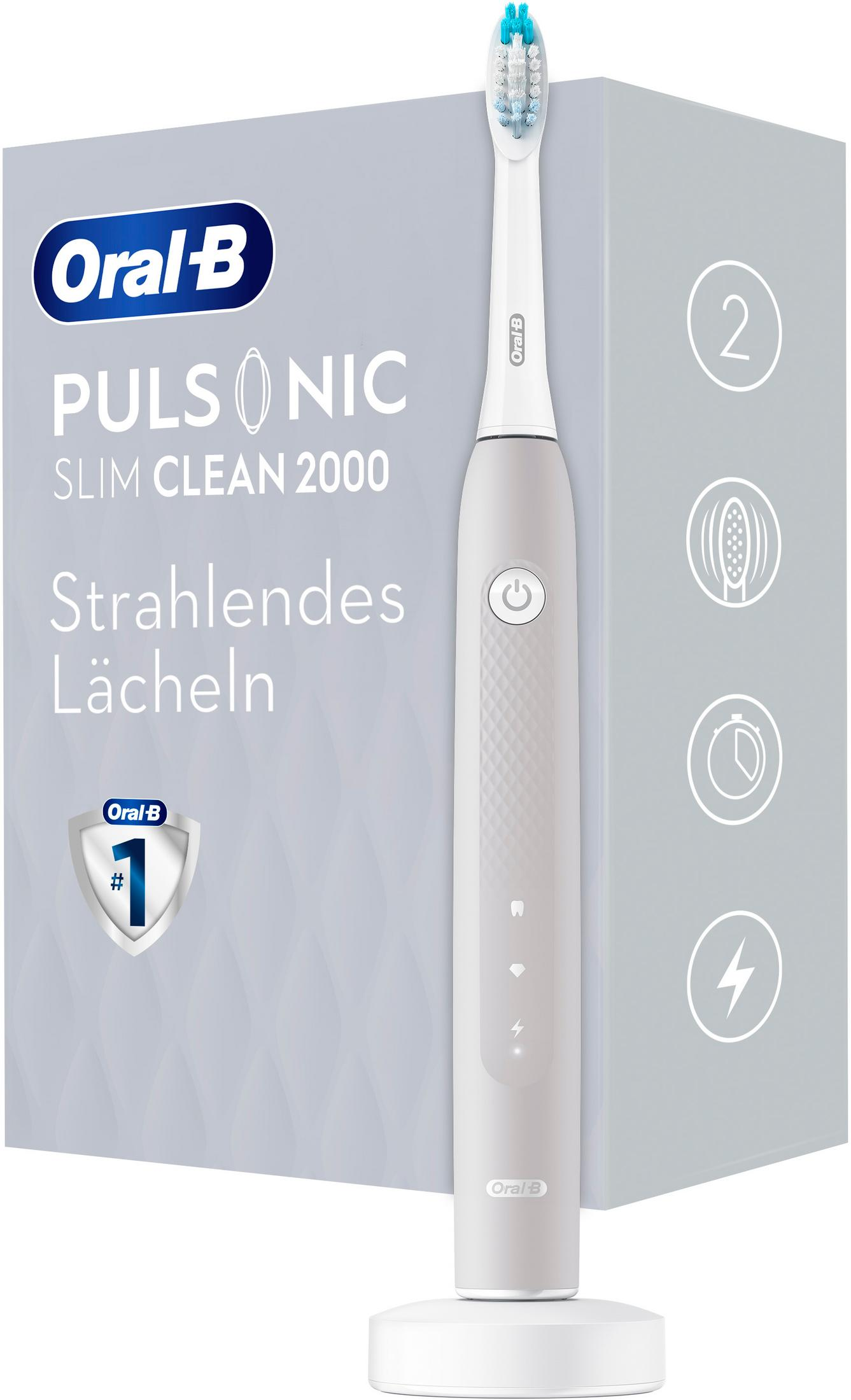 Spazzolino bianco Oral-B Pulsonic Slim Clean 2000 con base di ricarica e icone.