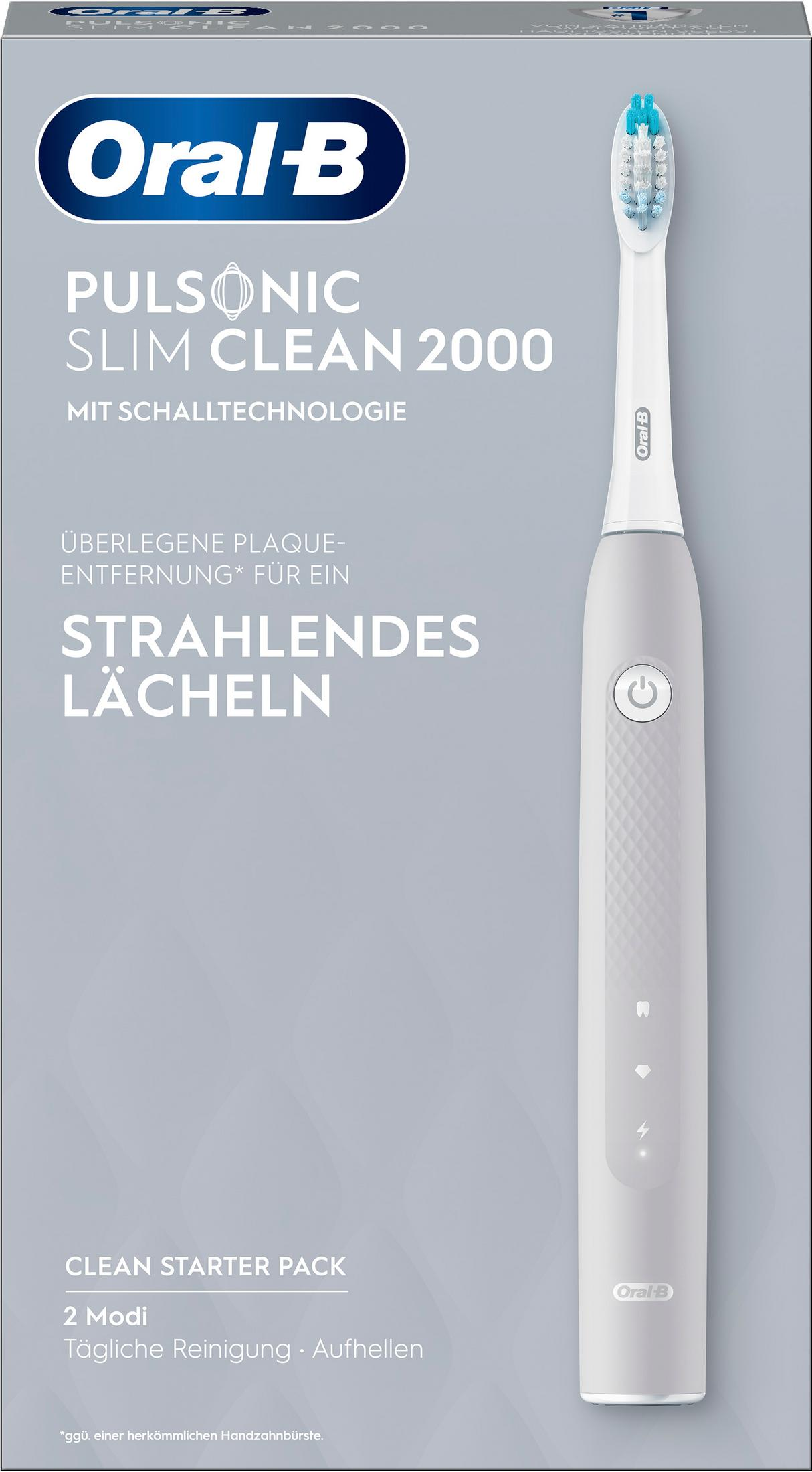 Spazzolino bianco Oral-B Pulsonic Slim Clean 2000 con setole blu su confezione grigia.
