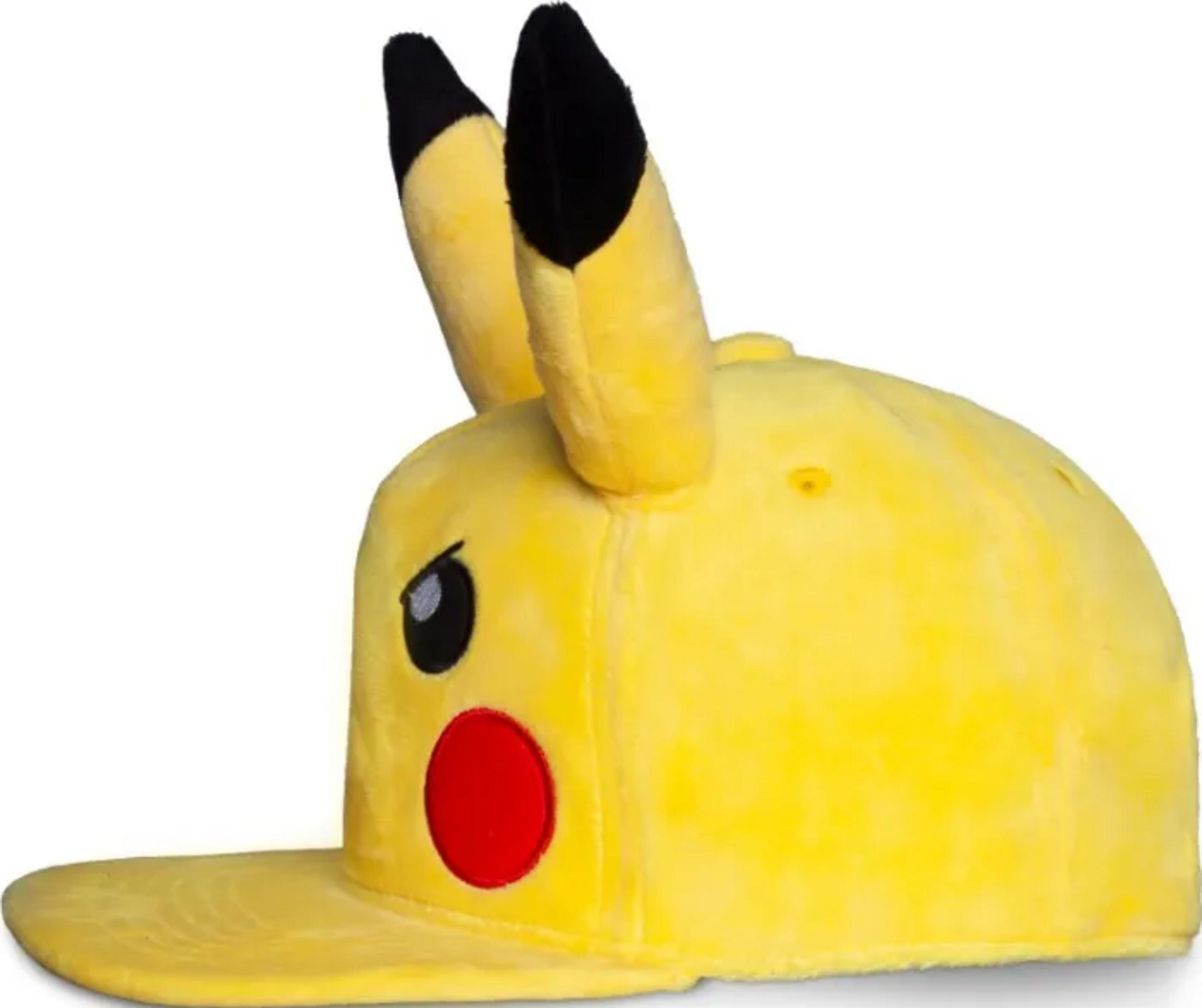 Une casquette jaune Pikachu avec des oreilles noires et des joues rouges.