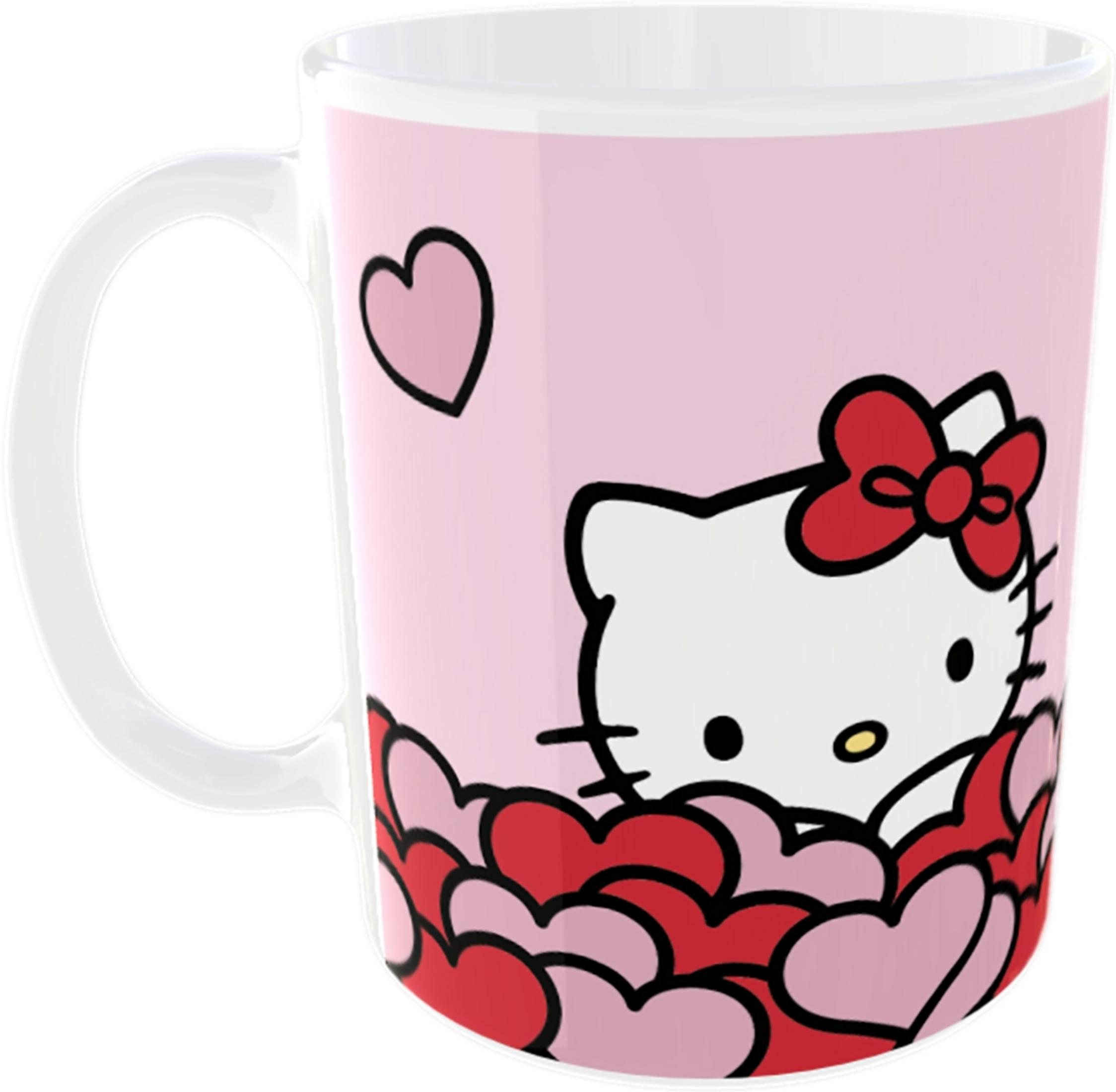 Eine rosa Tasse mit Hello Kitty und roten Herzen.