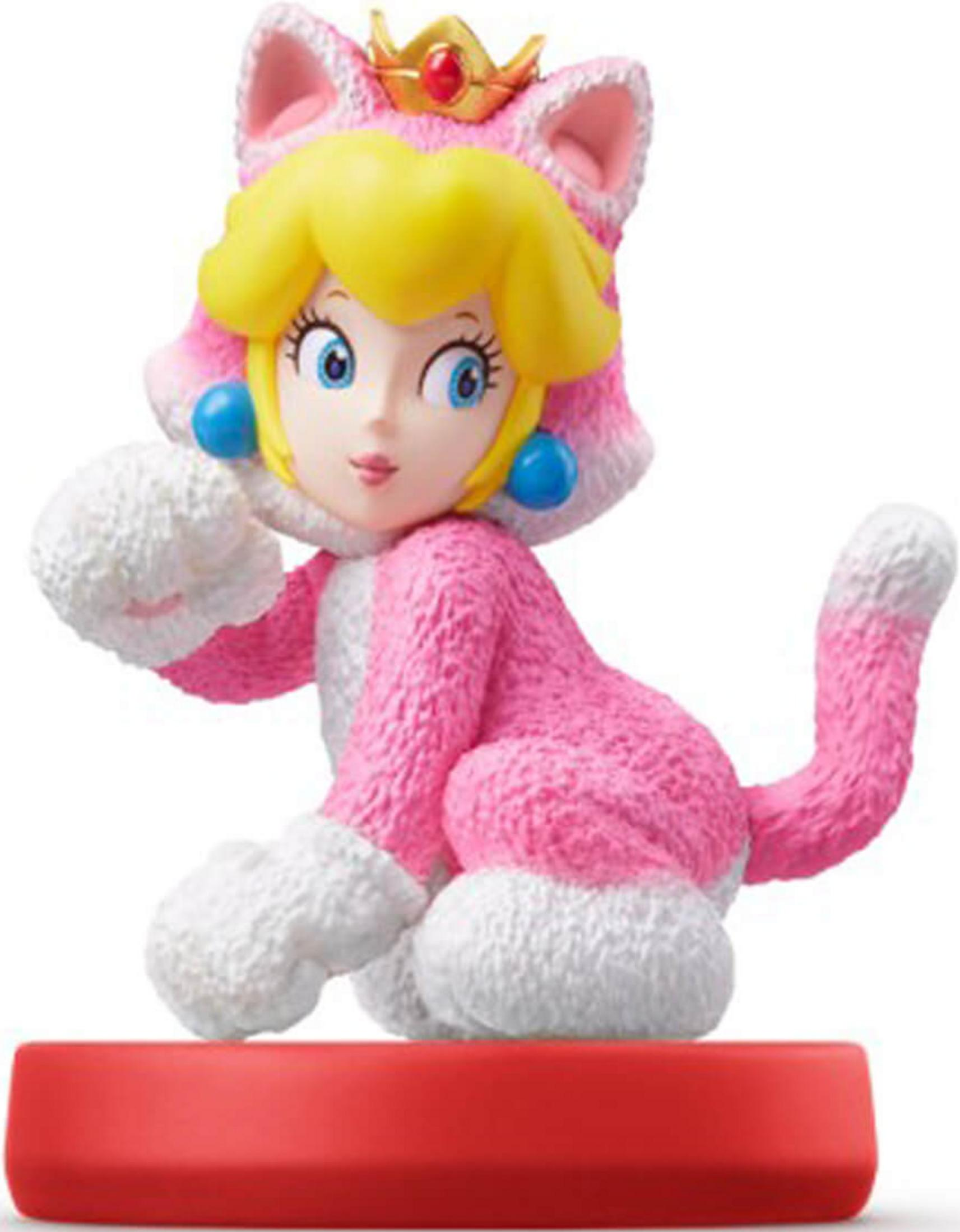 Statua di Peach gatto con corona su base rossa.