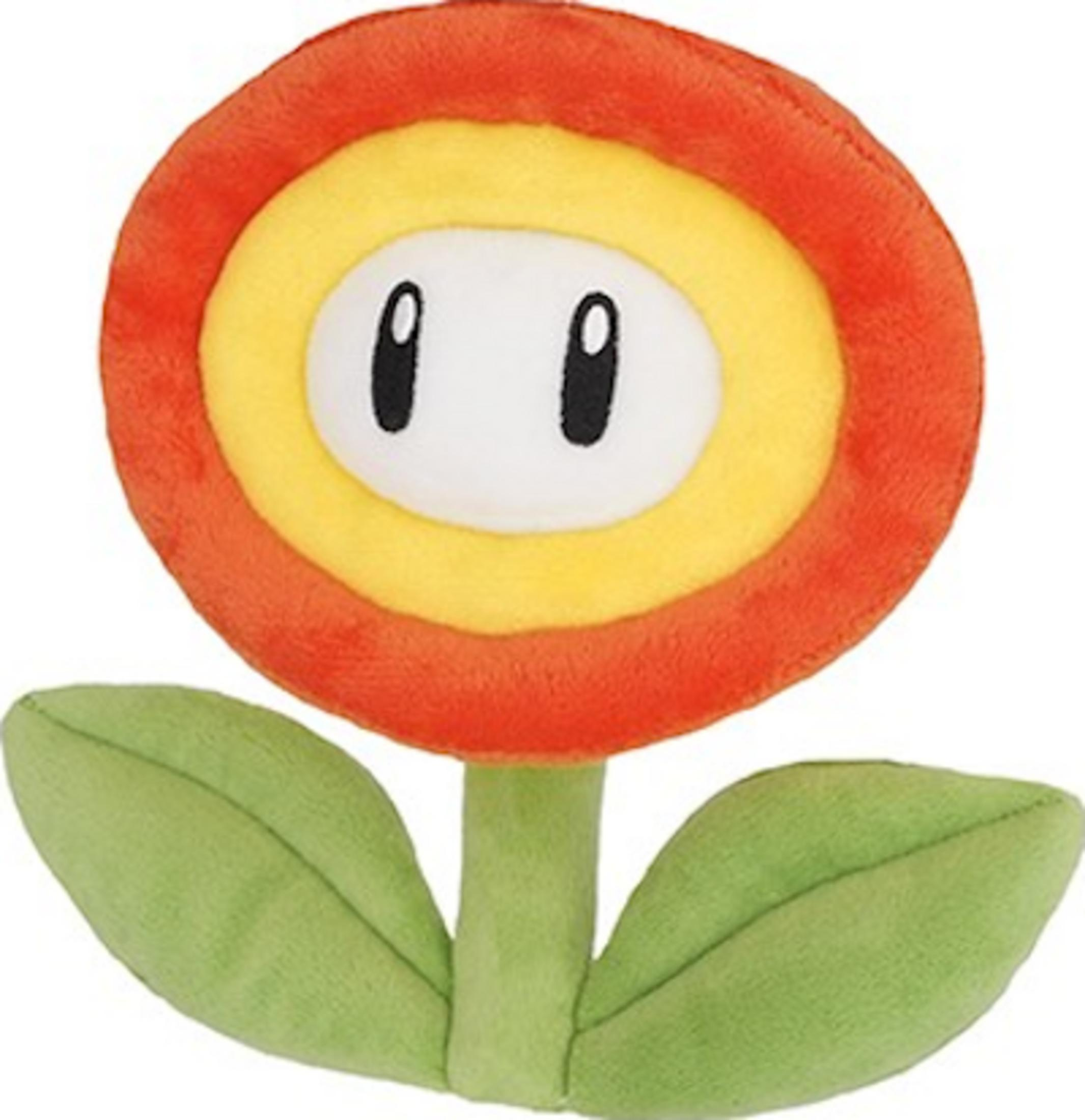 Una flor de peluche con cabeza roja y amarilla, ojos blancos y hojas verdes.