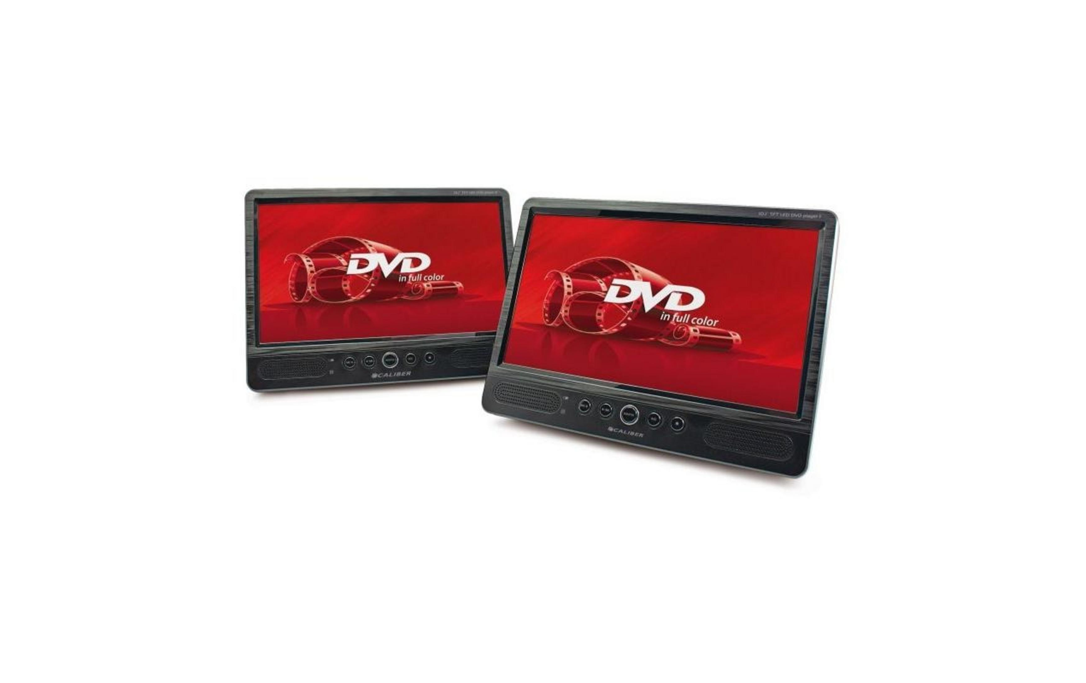Zwei tragbare DVD-Player mit roten Bildschirmen, die eine Filmrolle zeigen.