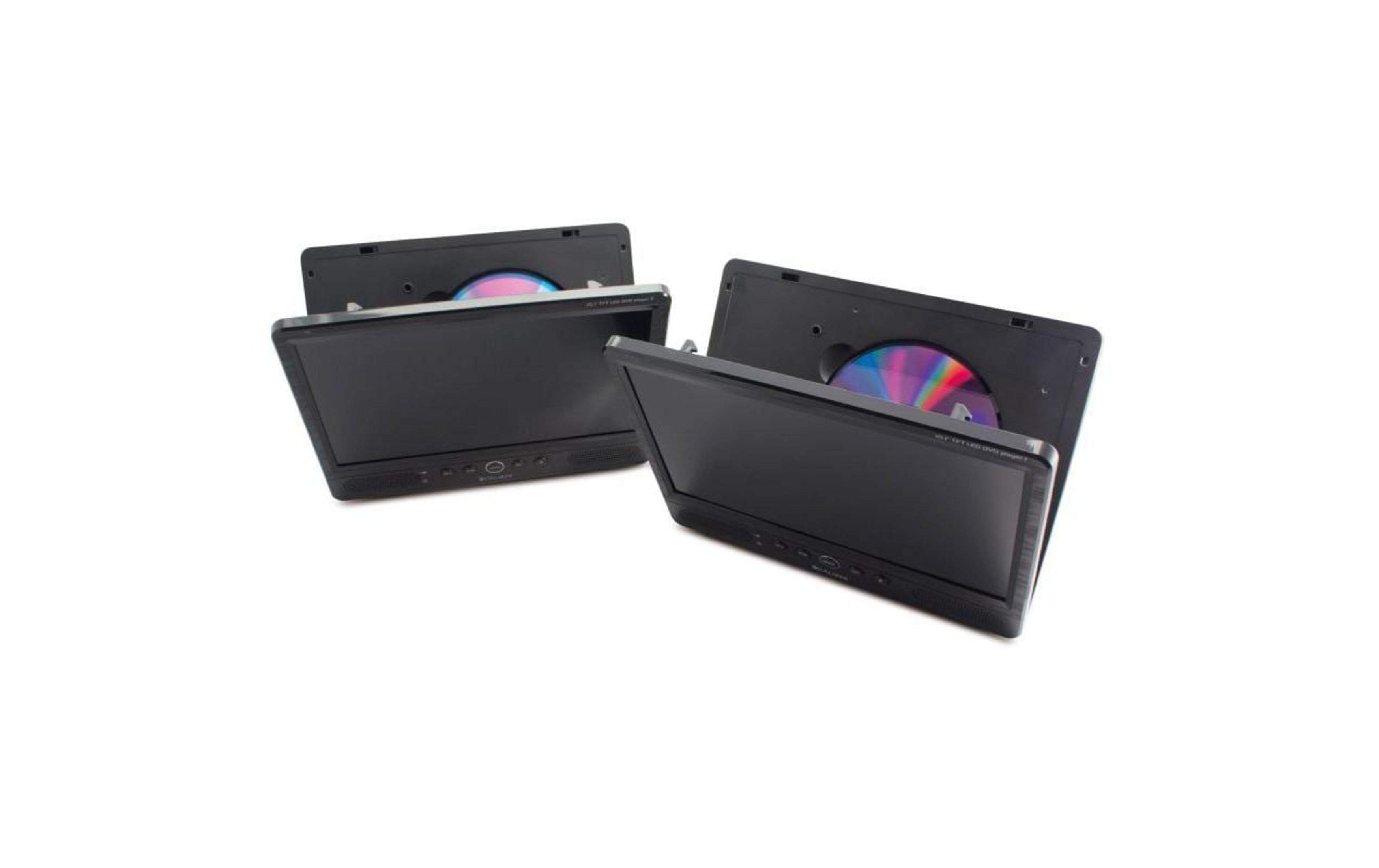 Zwei schwarze tragbare DVD-Player mit eingelegten Discs auf weißem Hintergrund.