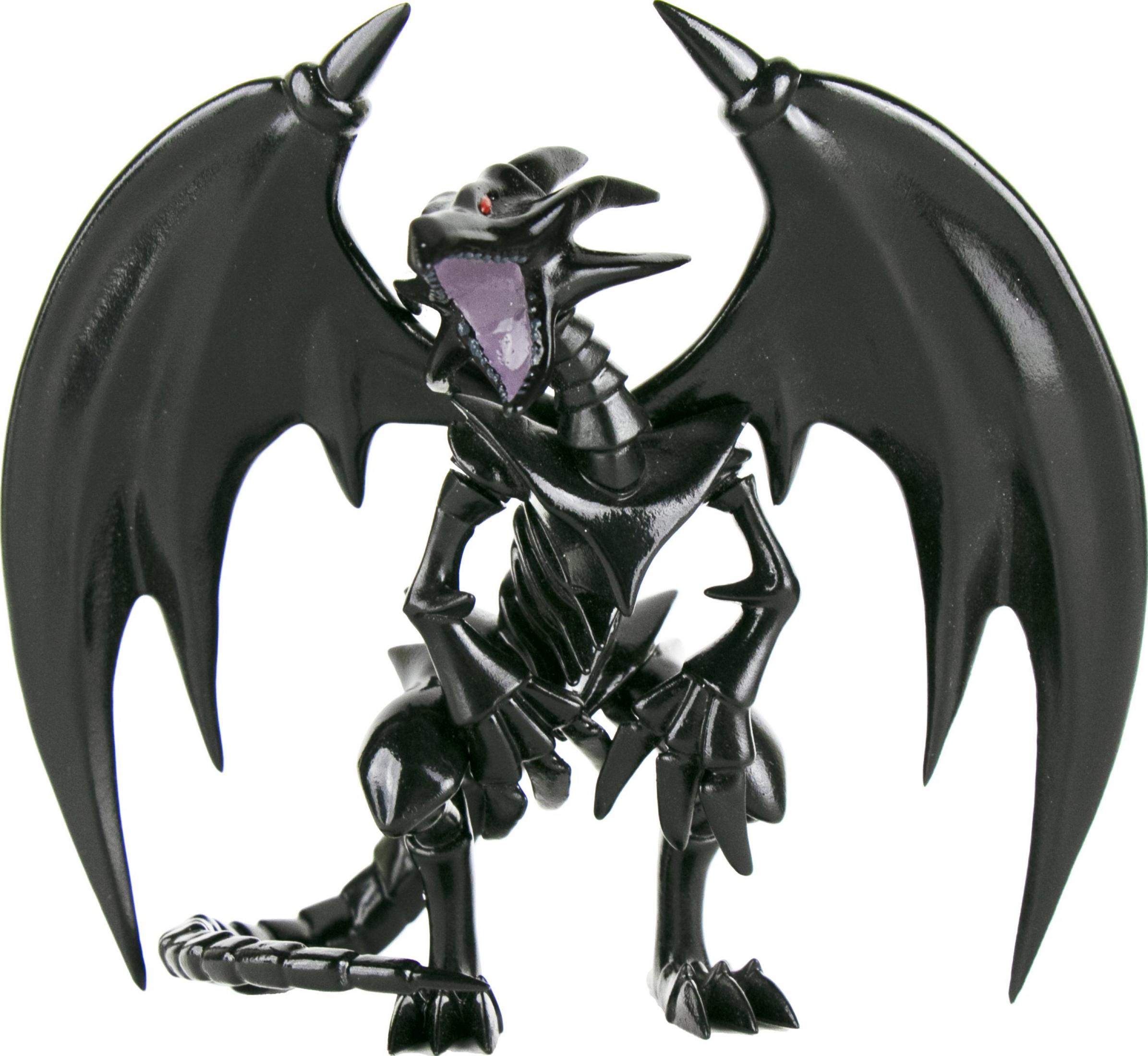 Schwarze Drachenfigur mit geöffnetem Maul und roten Augen.