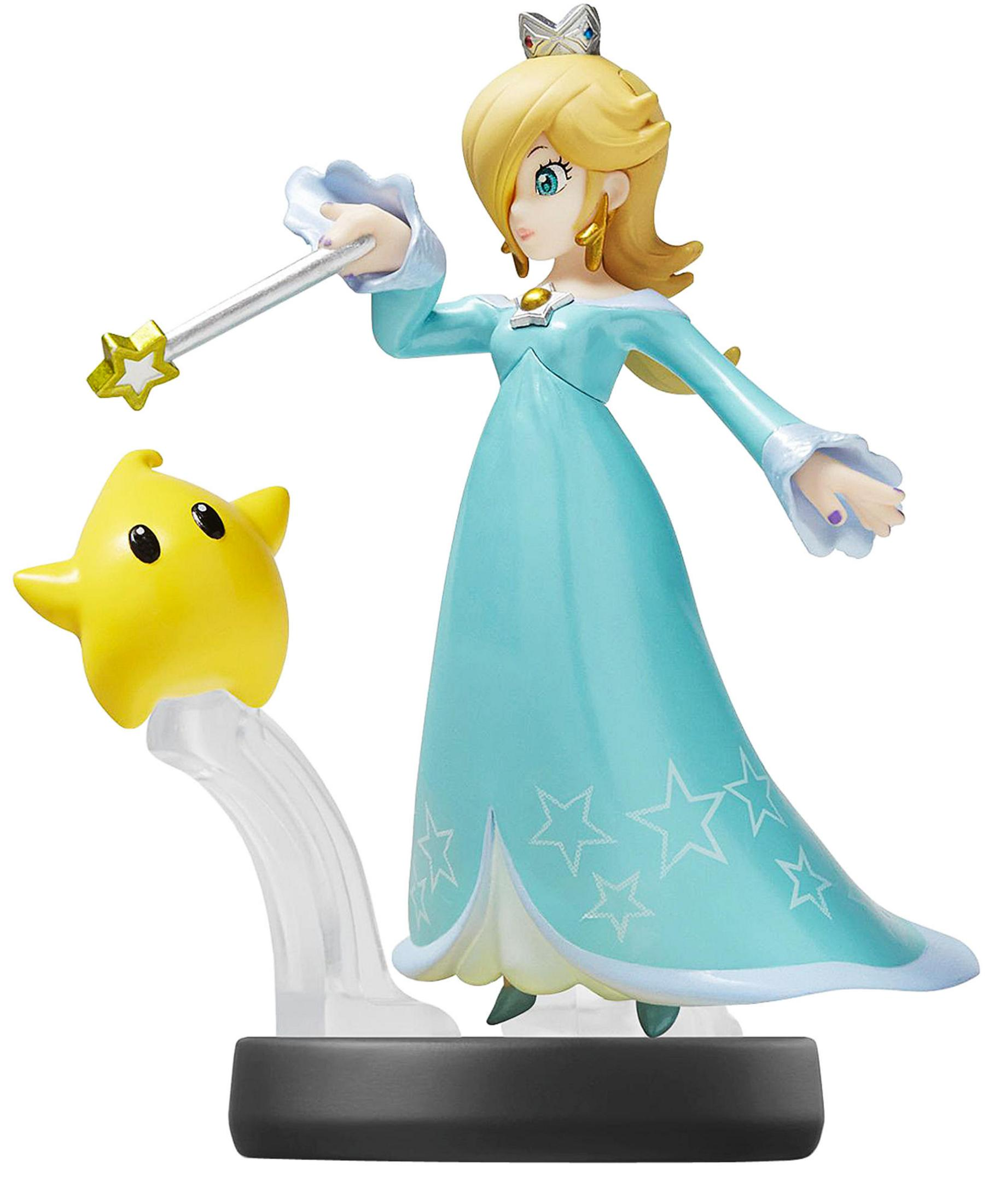 Rosalina-Figur mit Sternenstab und Luma-Begleiter auf schwarzem Sockel.