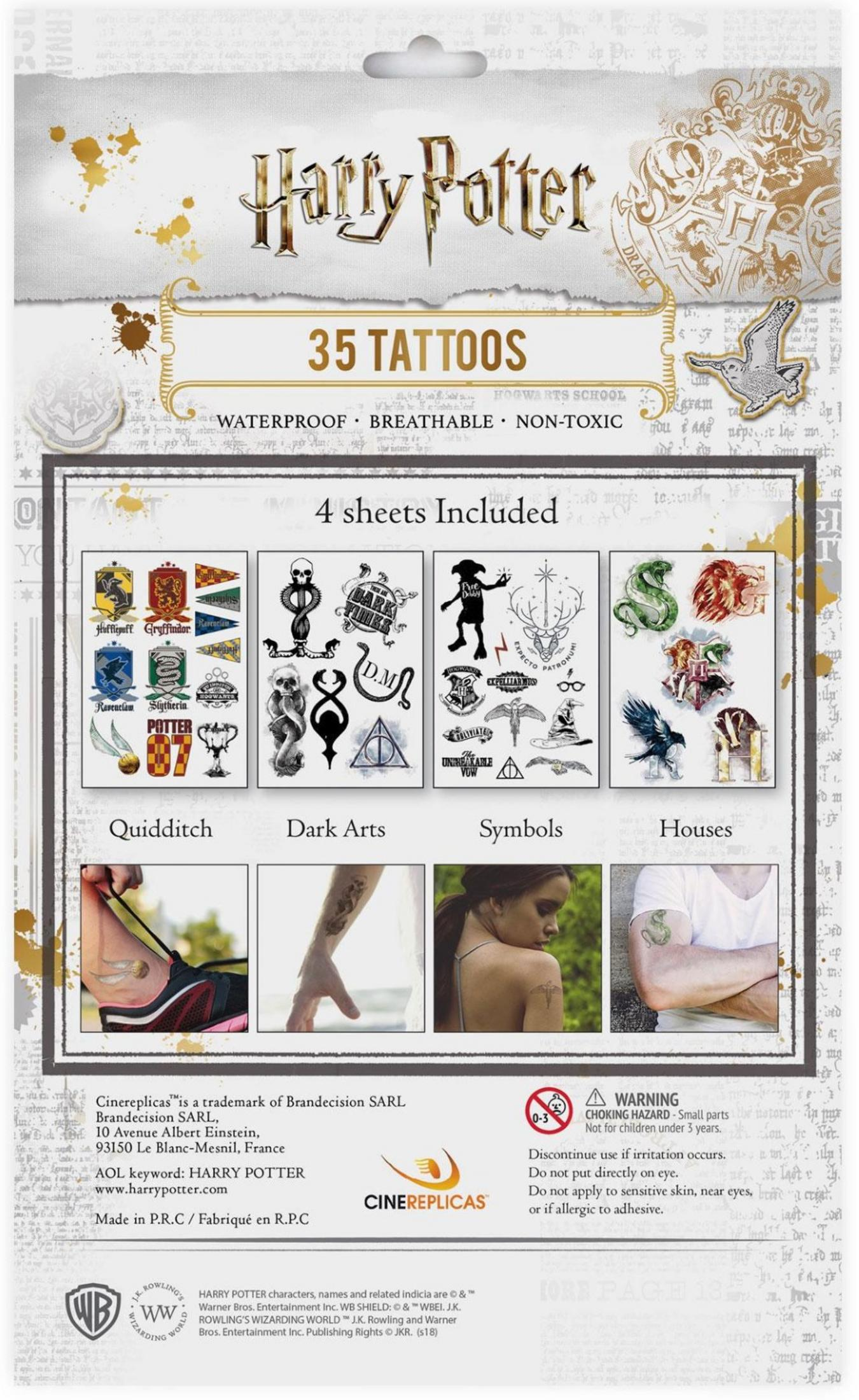 Harry Potter Tattoos mit 35 Motiven, sortiert nach Quidditch, Dunkle Künste, Symbole und Häuser.