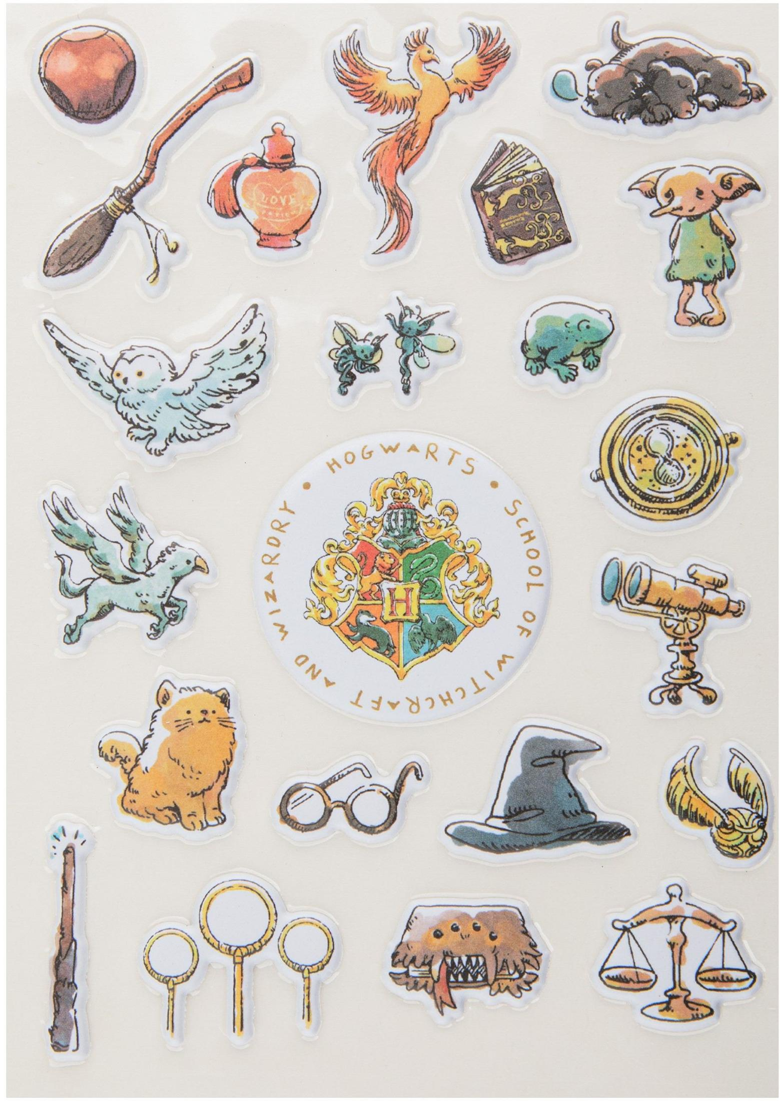 Autocollants Harry Potter : blason Poudlard, balai, phénix, livre, Dobby, hibou, chat, chapeau, balance.
