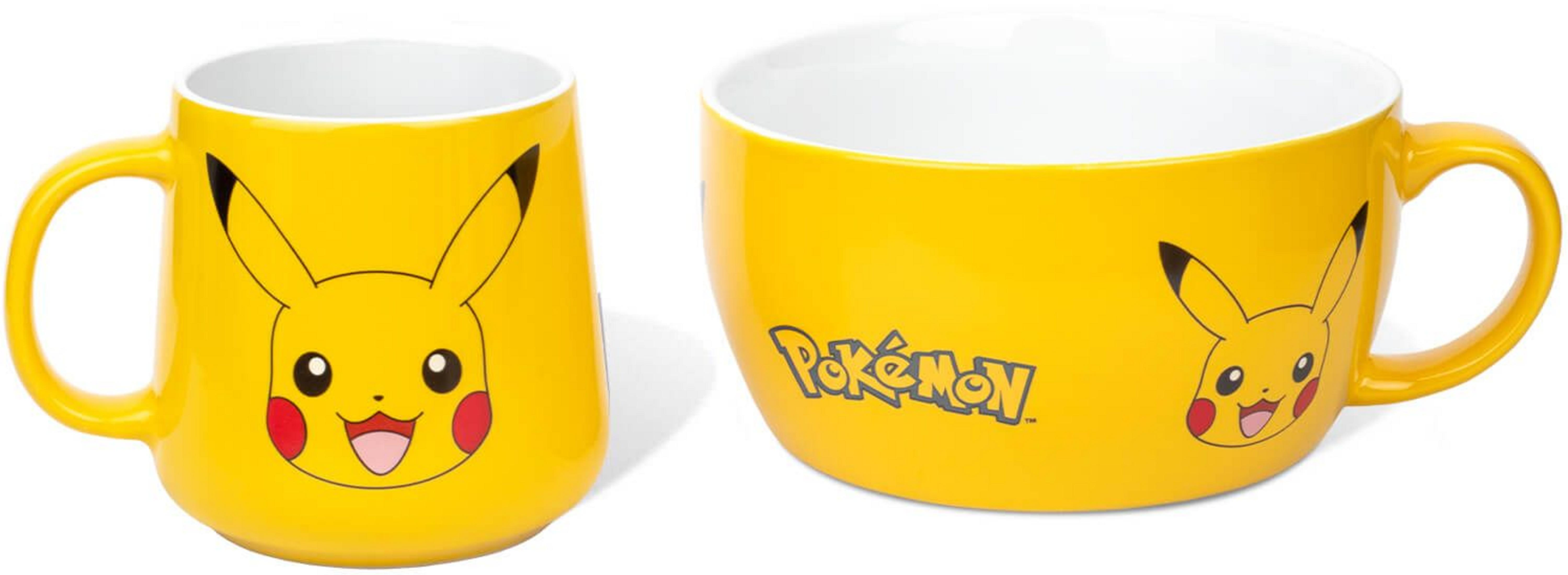 Zwei gelbe Pokémon-Becher, einer mit Pikachu-Gesicht, der andere mit Pikachu und Pokémon-Logo.