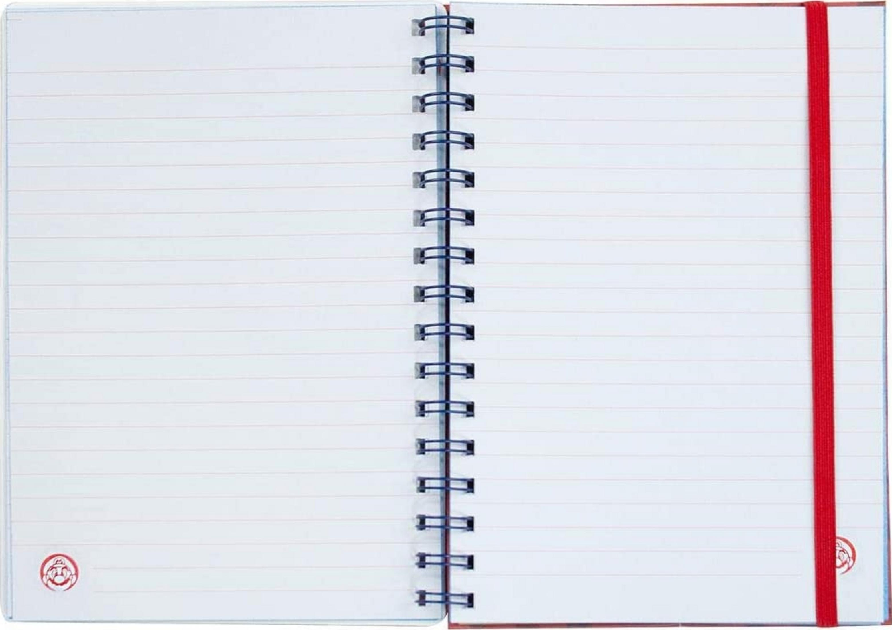 Ein offenes Notizbuch mit linierten Seiten und roter Lesezeichen-Schlaufe.