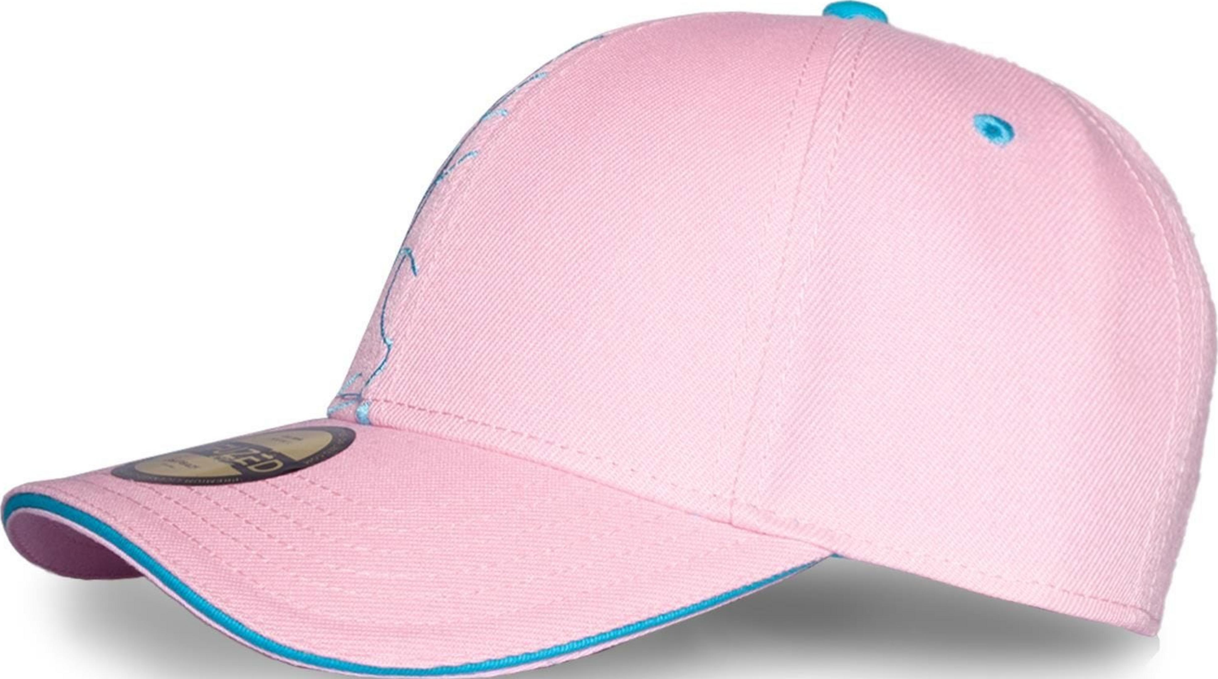 Une casquette rose avec passepoil et coutures bleues, et un bouton bleu.